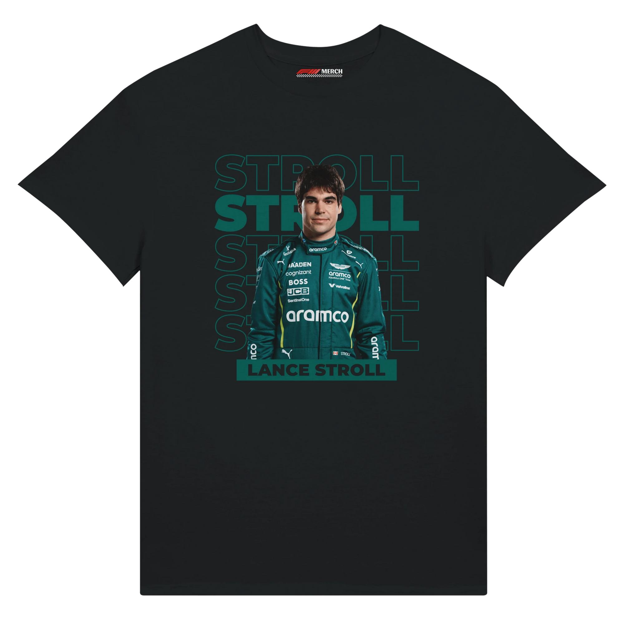f111 merch black color t-shirt with stroll branding.