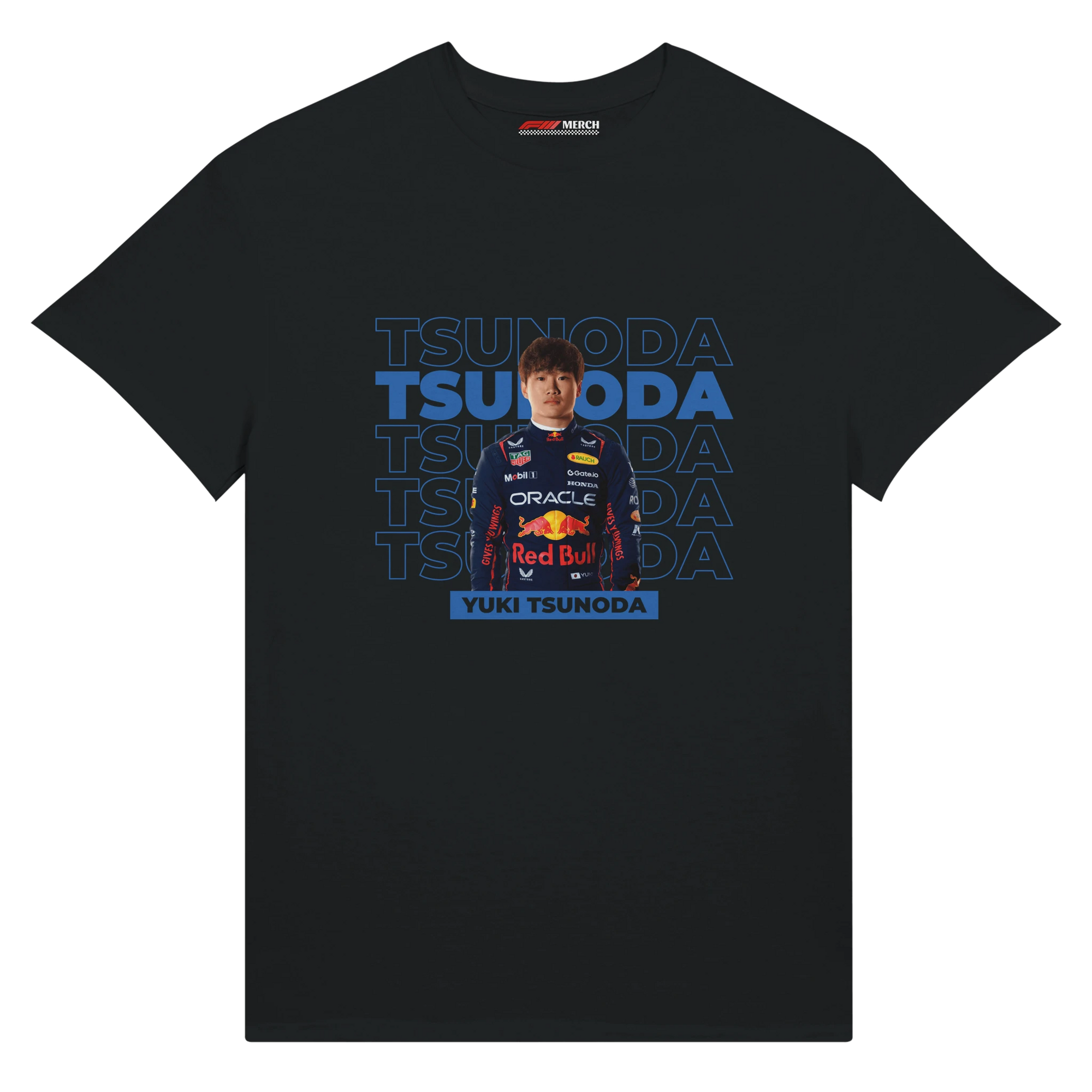 f111 merch black color t-shirt with tsunoda branding.