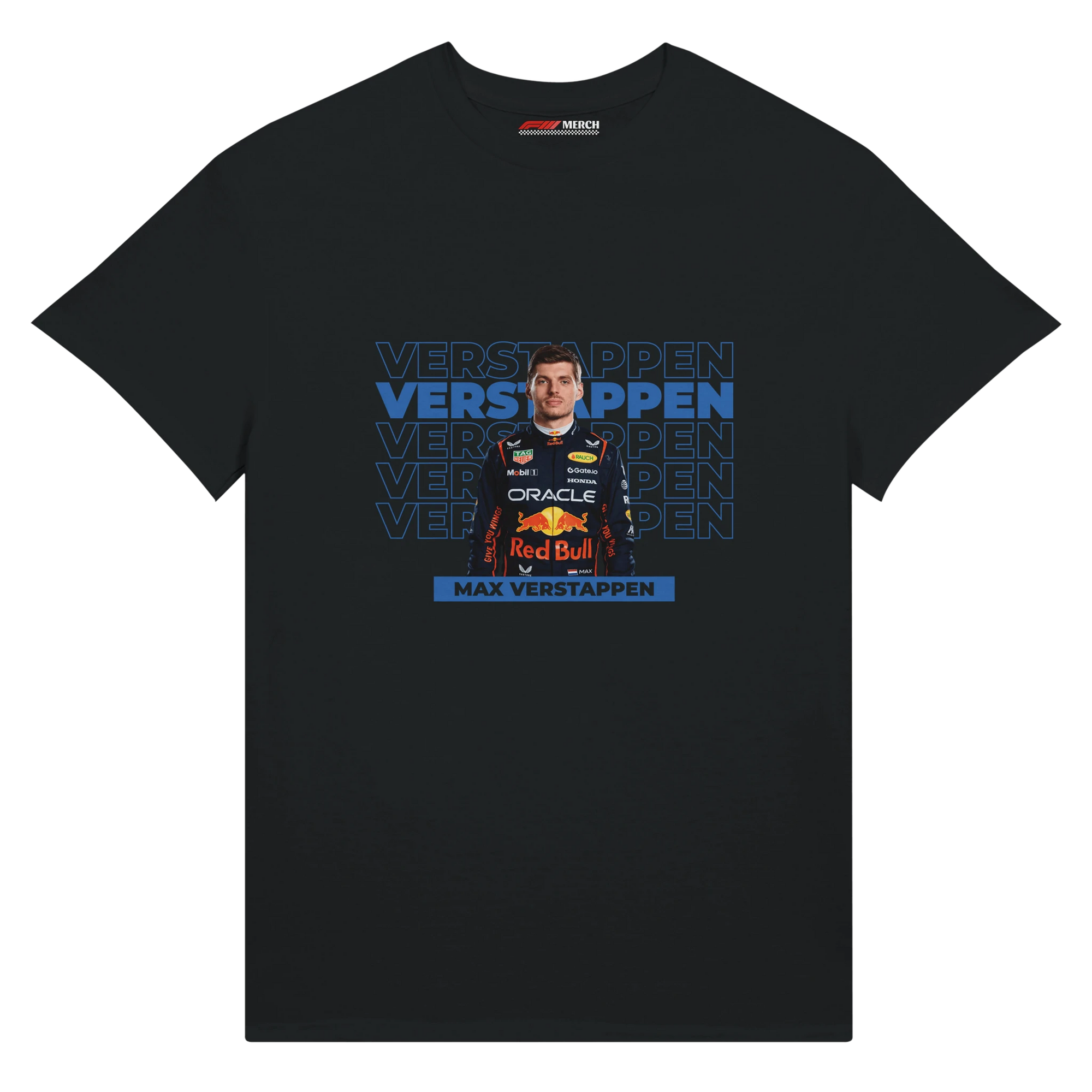 f111 merch black color t-shirt with verstappen branding.