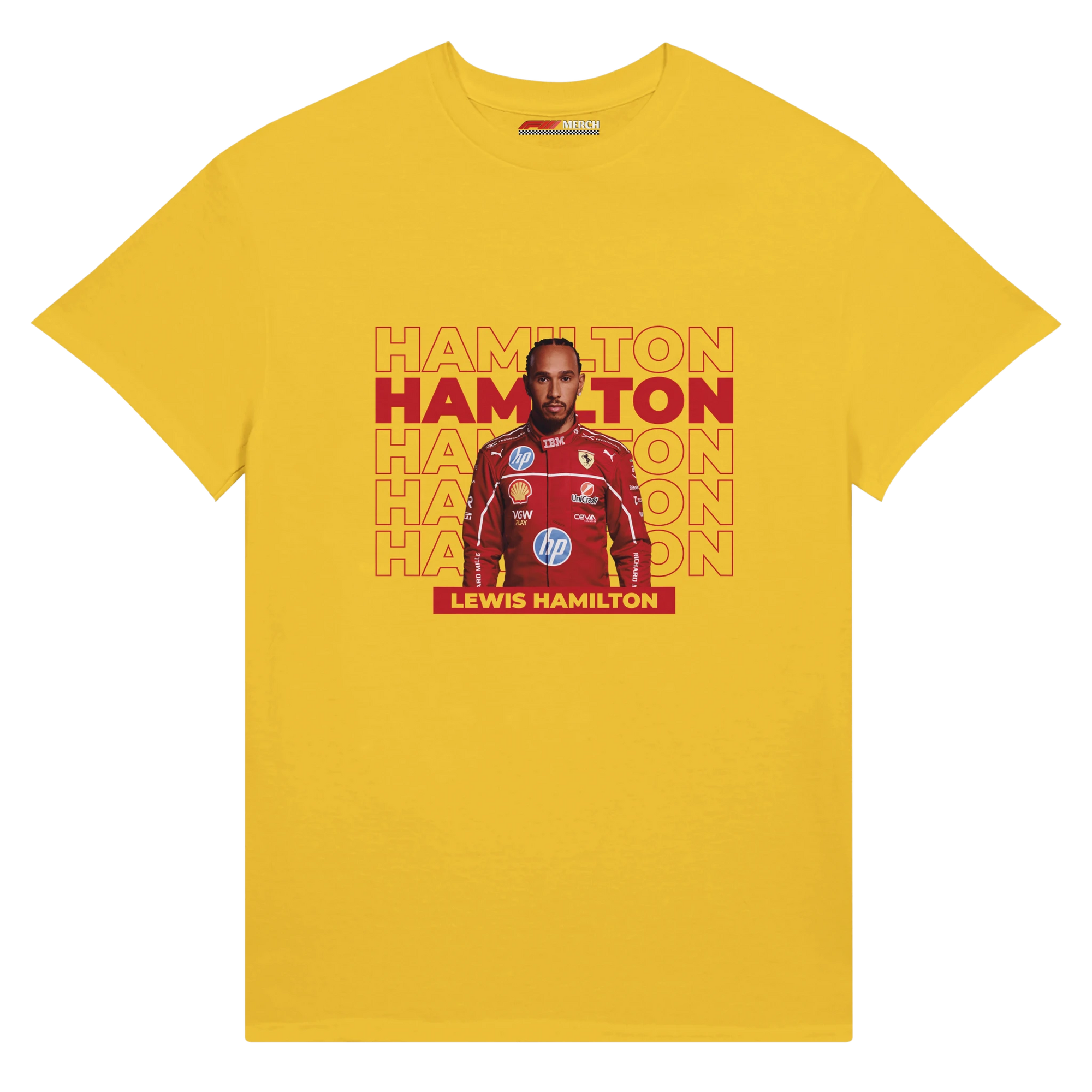 f111 merch daisy color t-shirt with hamilton branding.