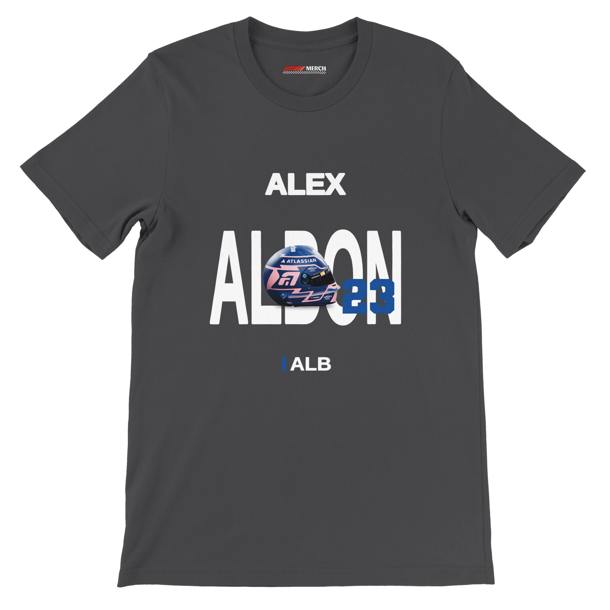f111 merch dark-grey color t-shirt with albon branding.