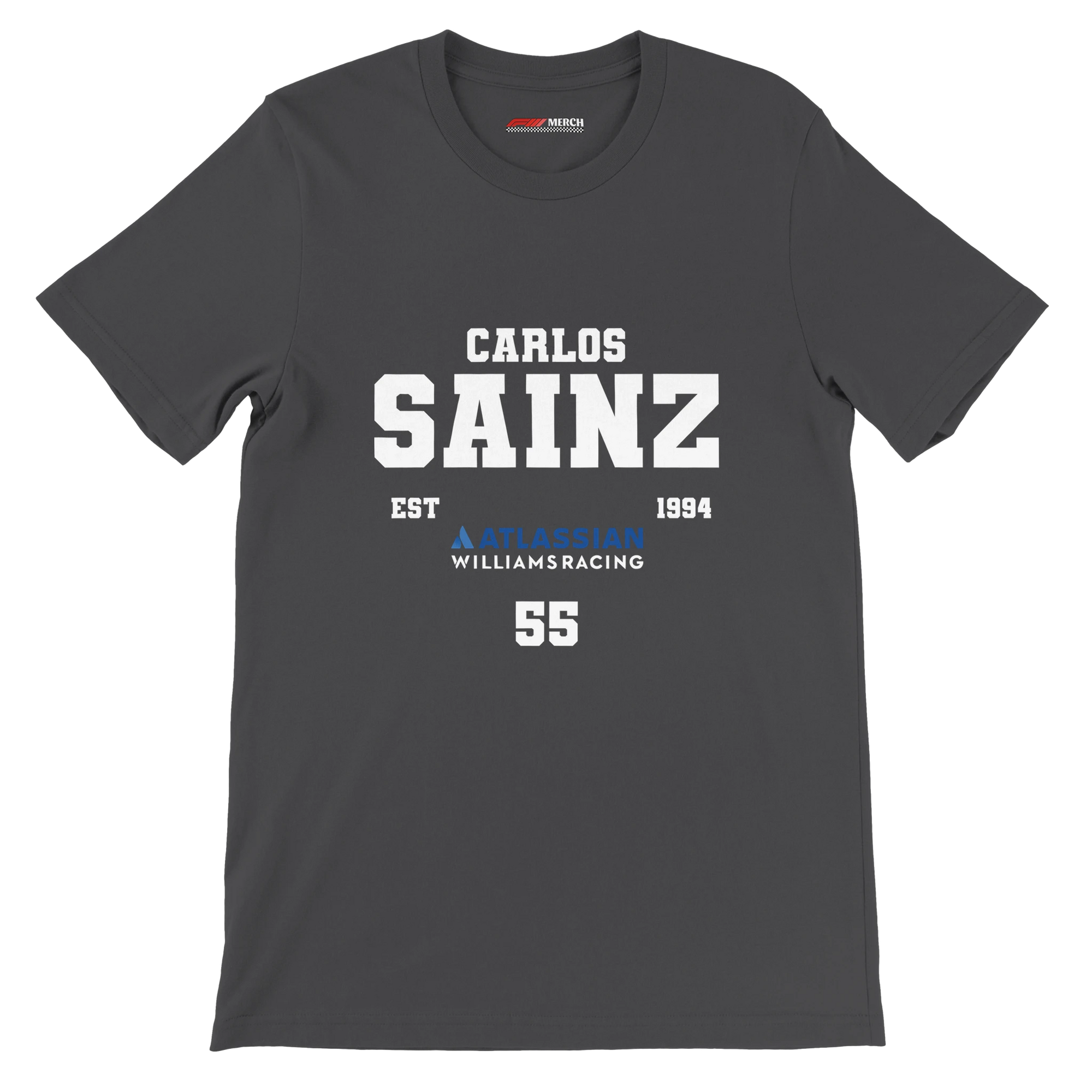 f111 merch dark-grey color t-shirt with carlos-sainz branding.
