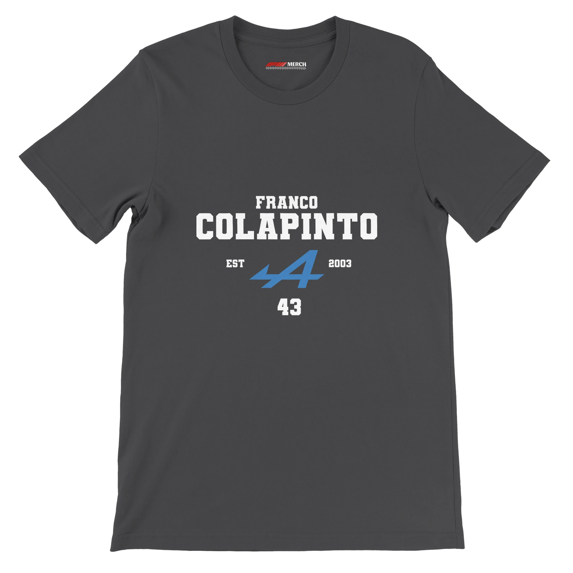 f111 merch dark-grey color t-shirt with colapinto branding.