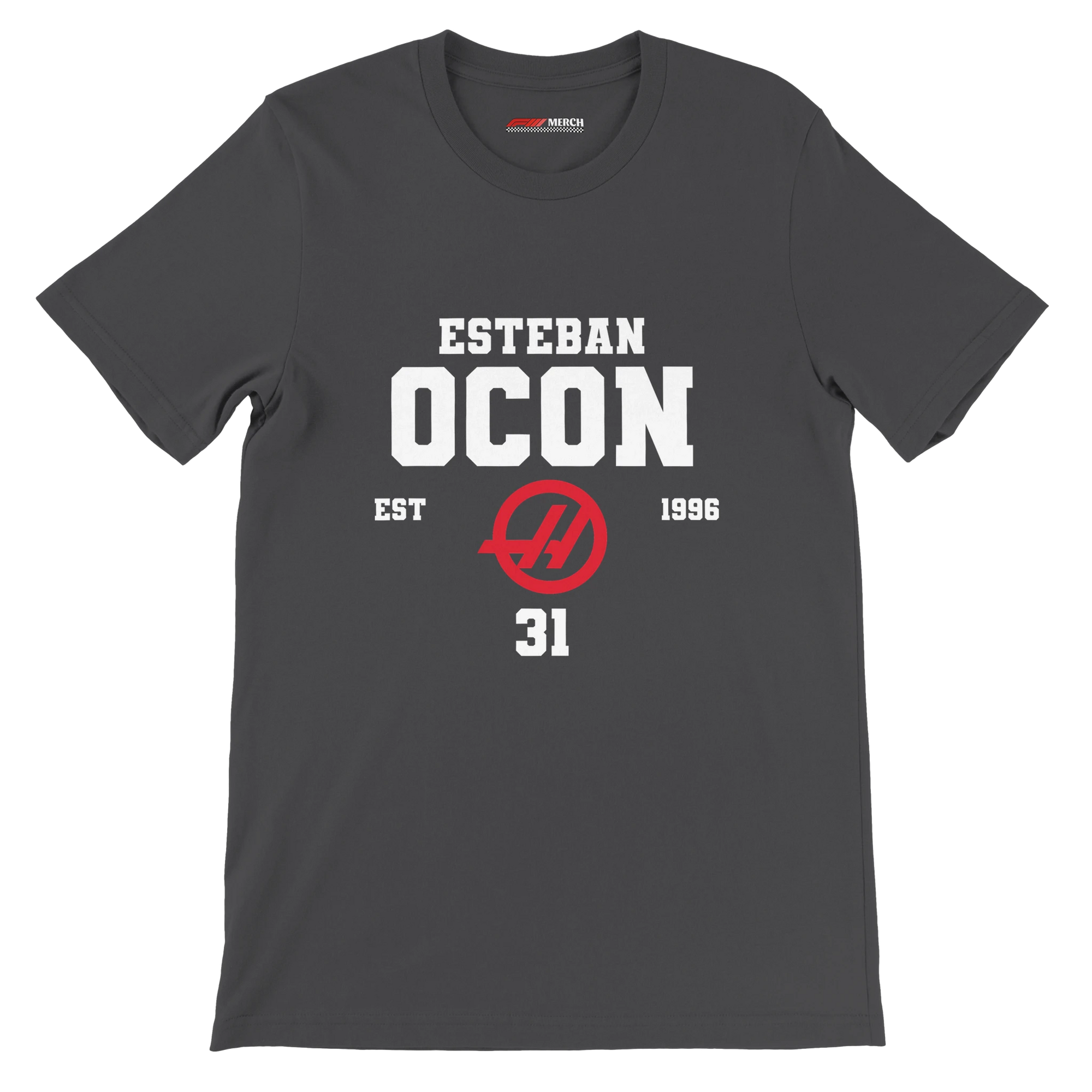f111 merch dark-grey color t-shirt with esteban-ocon branding.