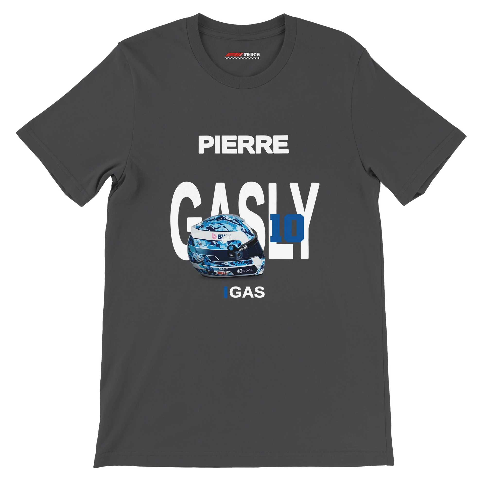 f111 merch dark-grey color t-shirt with gasly branding.