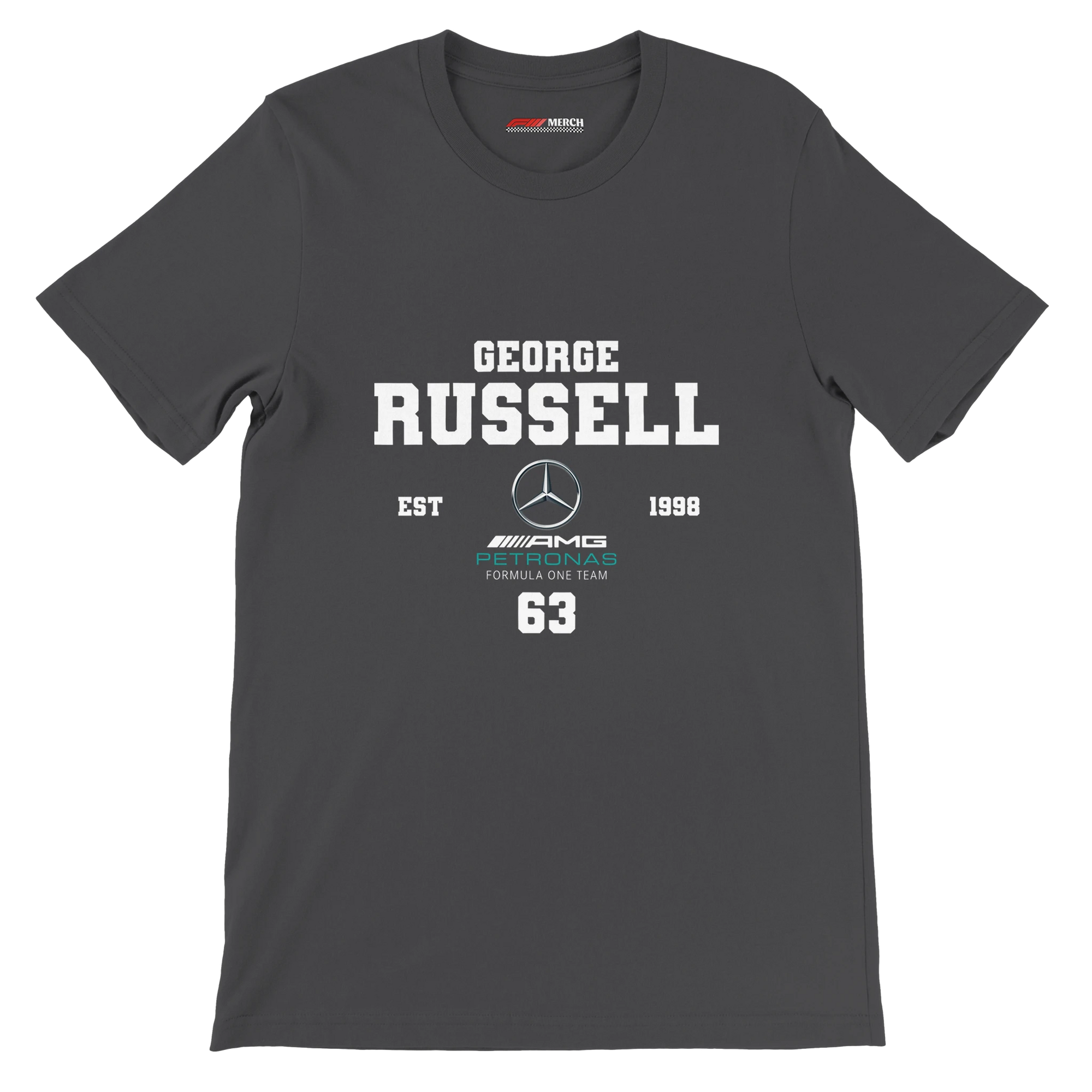 f111 merch dark-grey color t-shirt with george-russell branding.