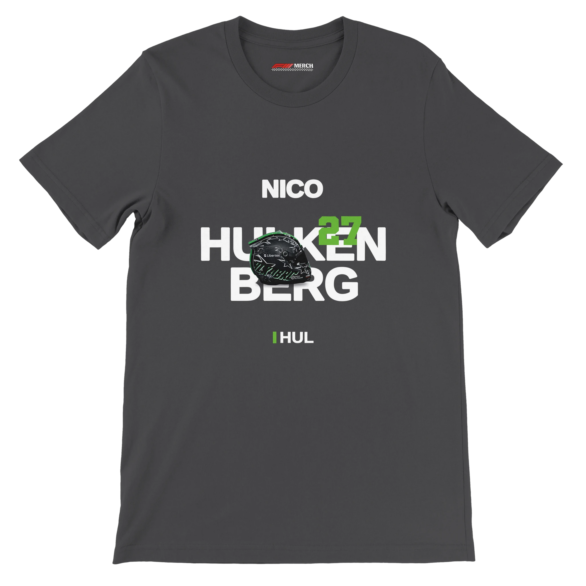 f111 merch dark-grey color t-shirt with hulkenberg branding.