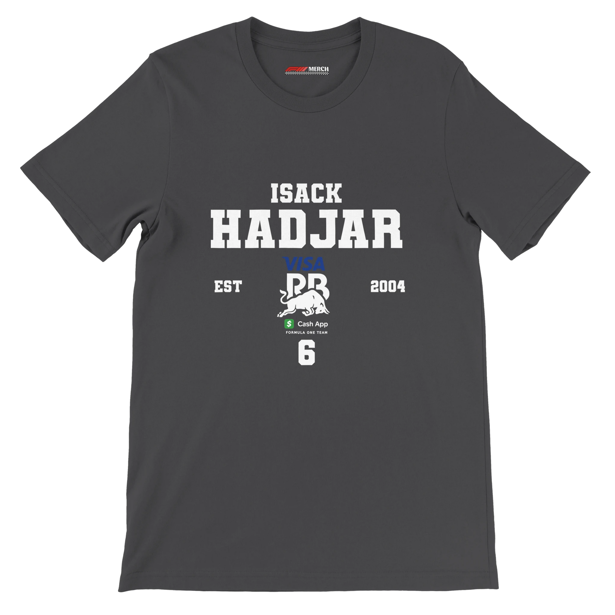 f111 merch dark-grey color t-shirt with isack-hadjar branding.