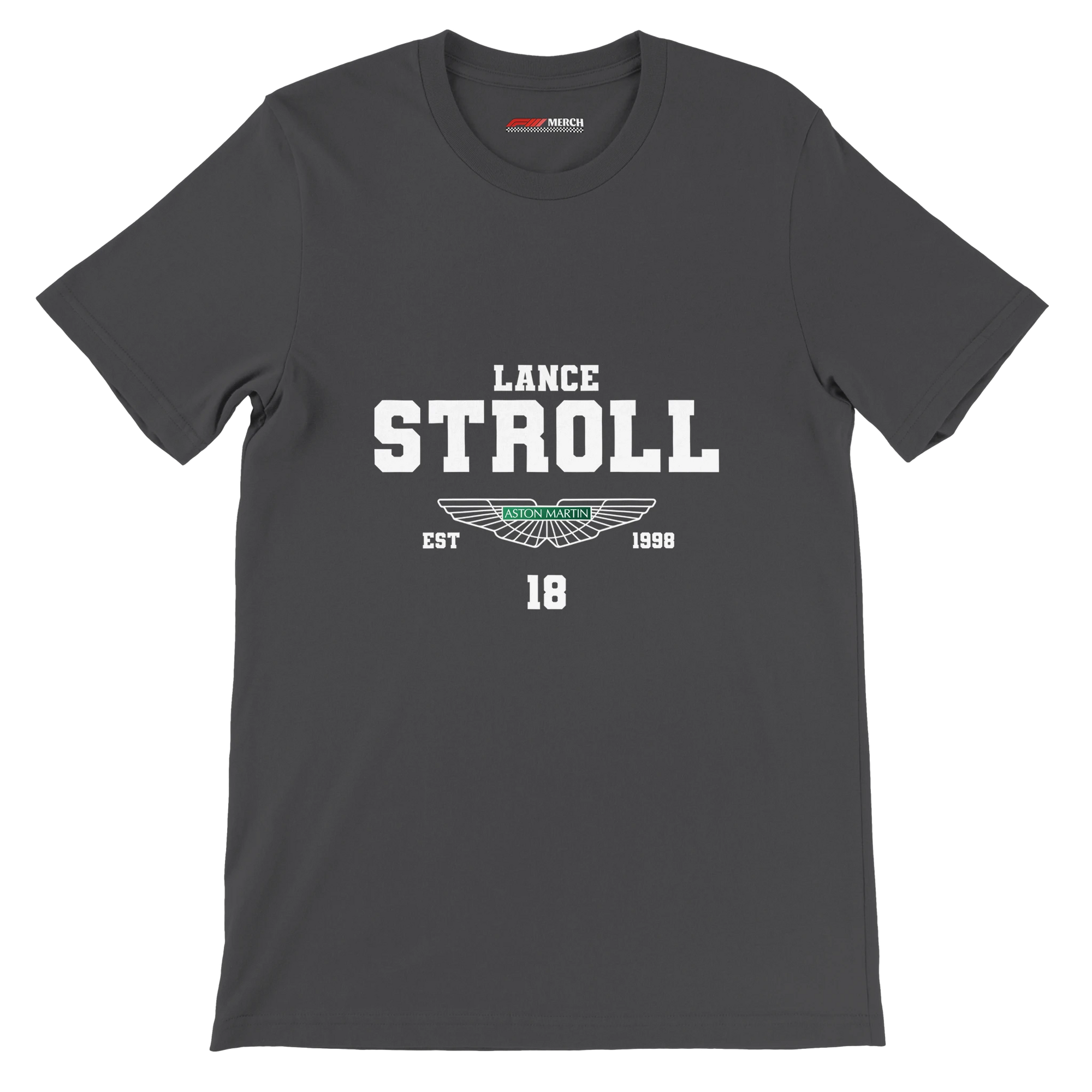 f111 merch dark-grey color t-shirt with lance-stroll branding.