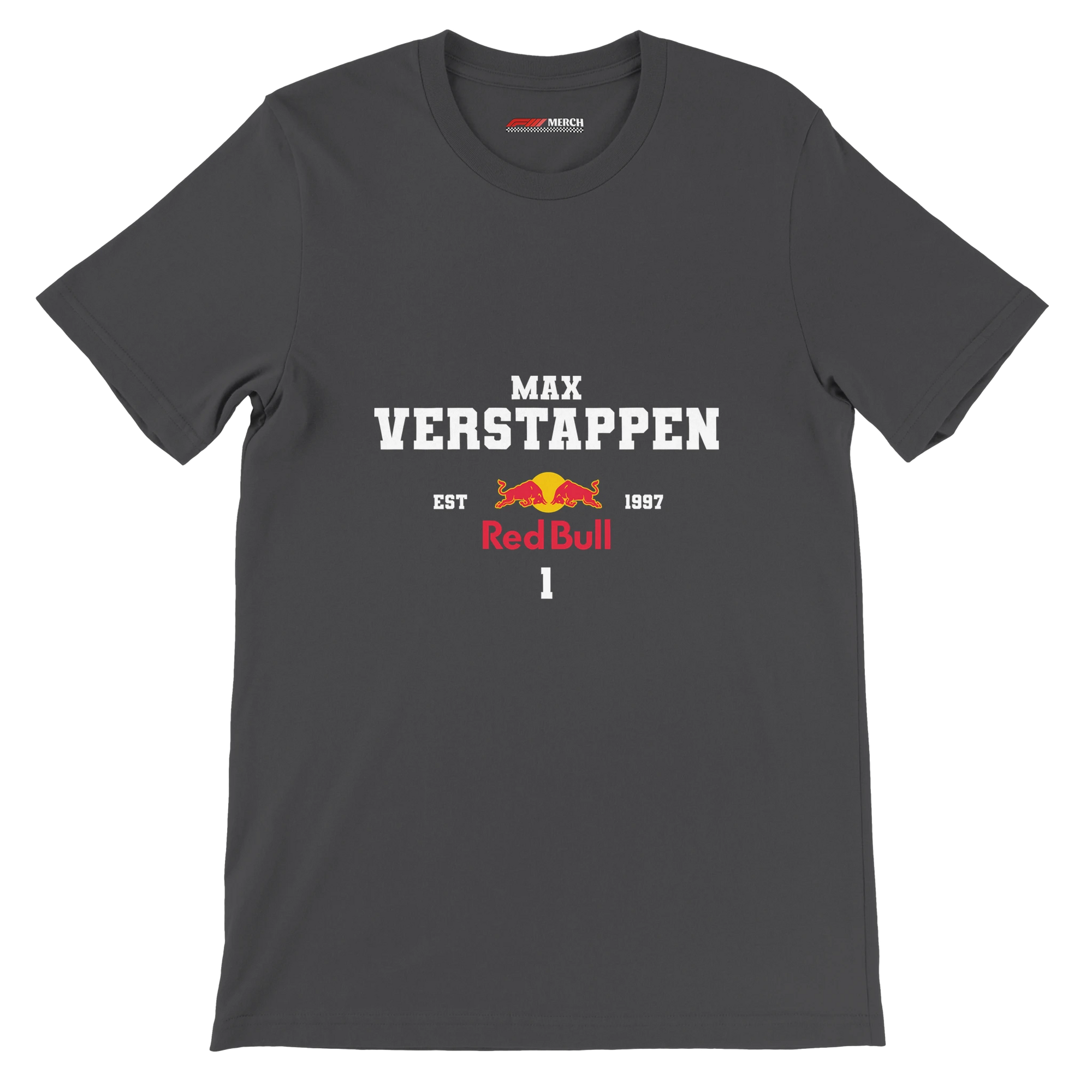 f111 merch dark-grey color t-shirt with max-verstappen branding.