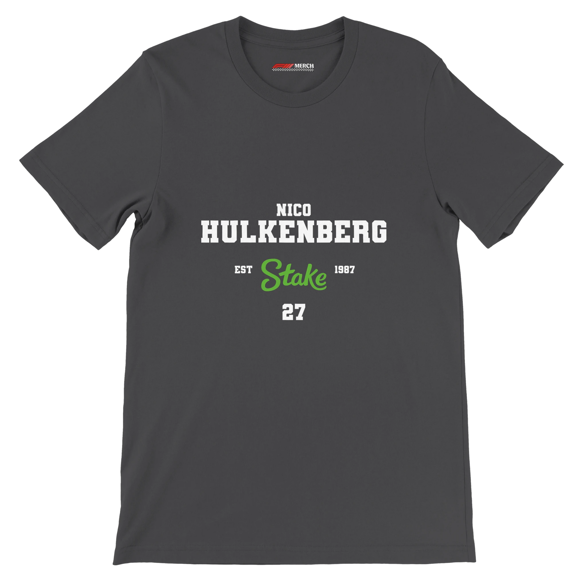 f111 merch dark-grey color t-shirt with nico-hulkenberg branding.