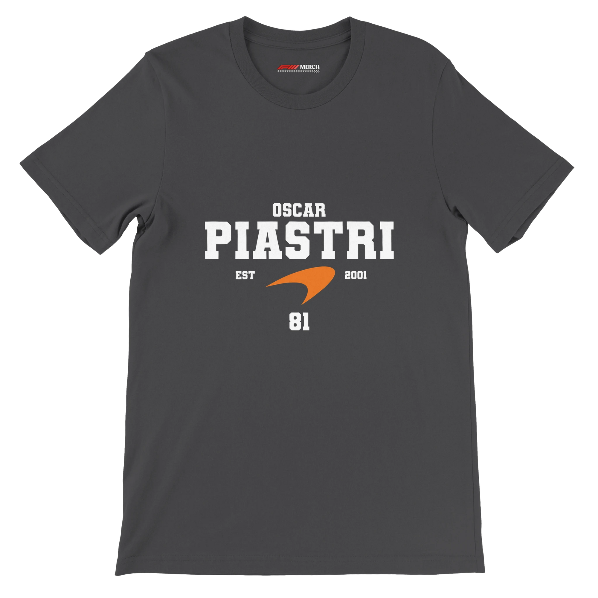 f111 merch dark-grey color t-shirt with oscar-piastri branding.