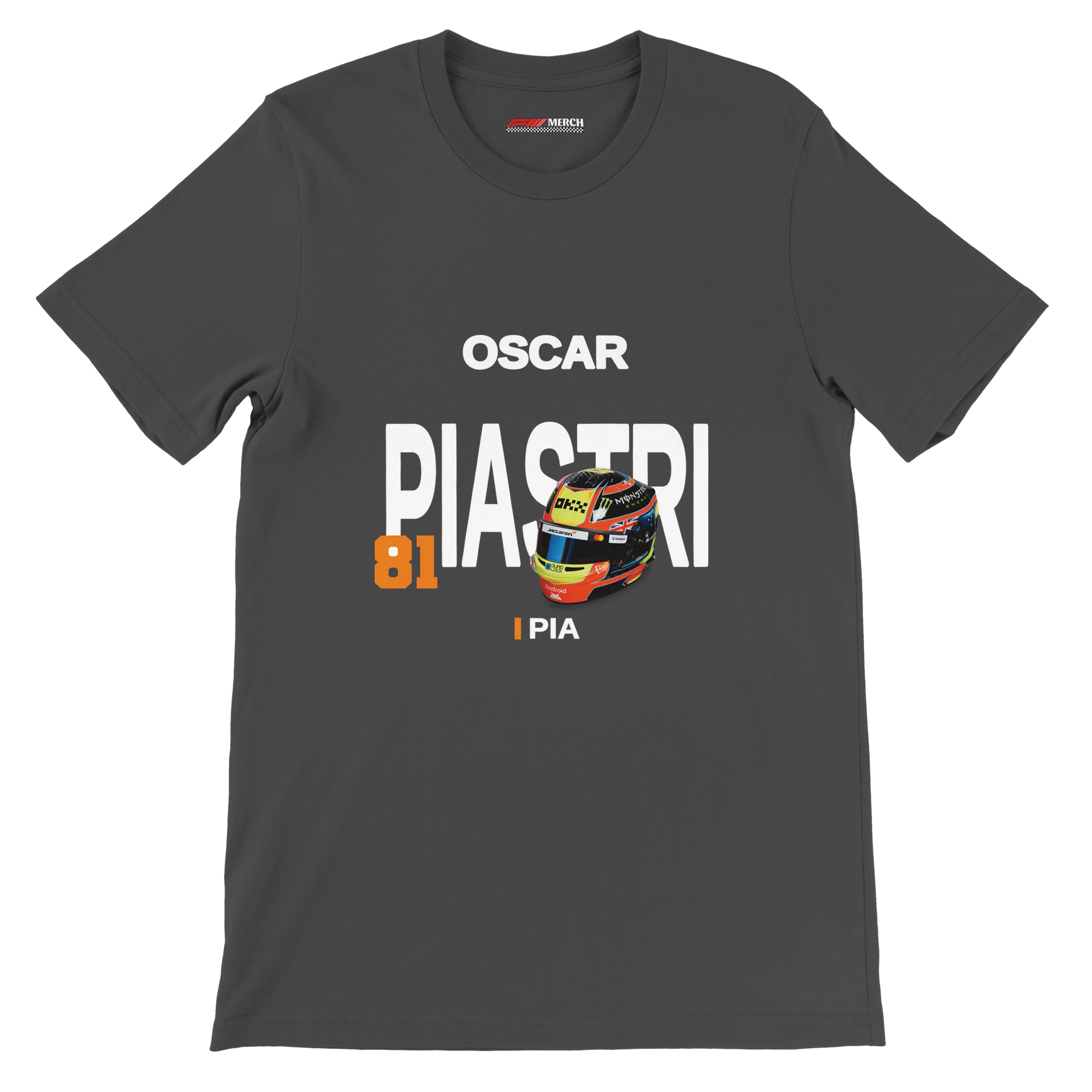 f111 merch dark-grey color t-shirt with piastri branding.