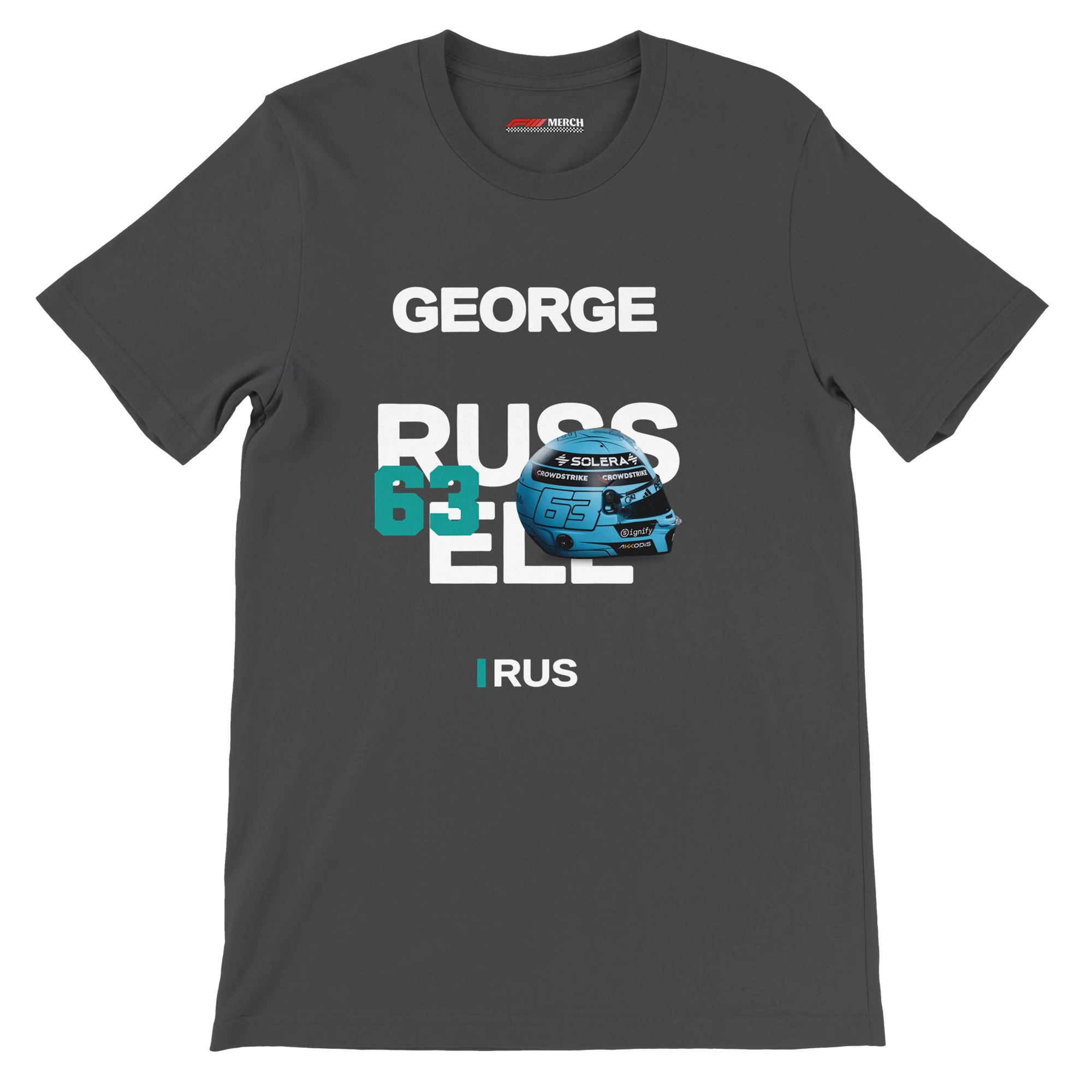 f111 merch dark-grey color t-shirt with russell branding.