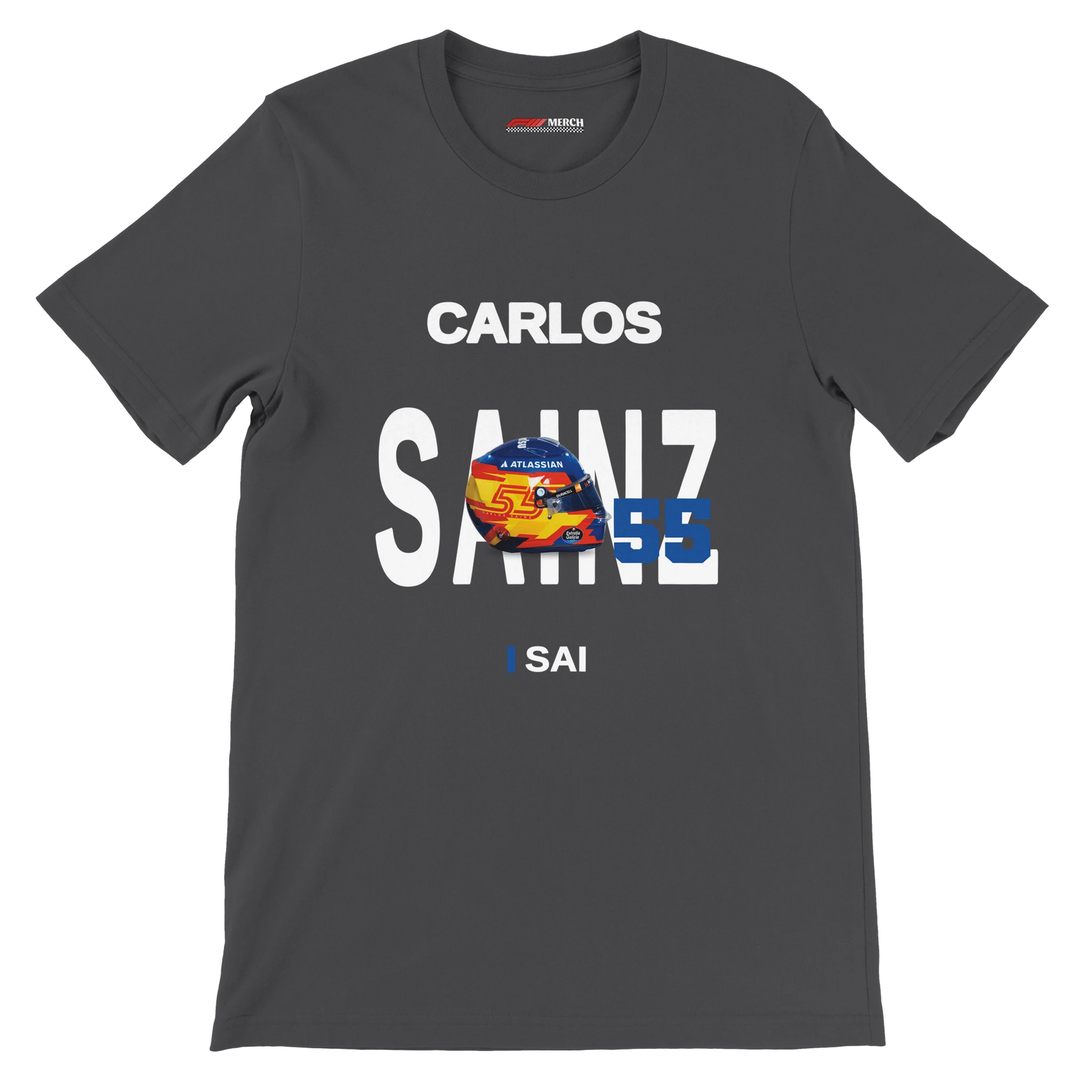 f111 merch dark-grey color t-shirt with sainz branding.