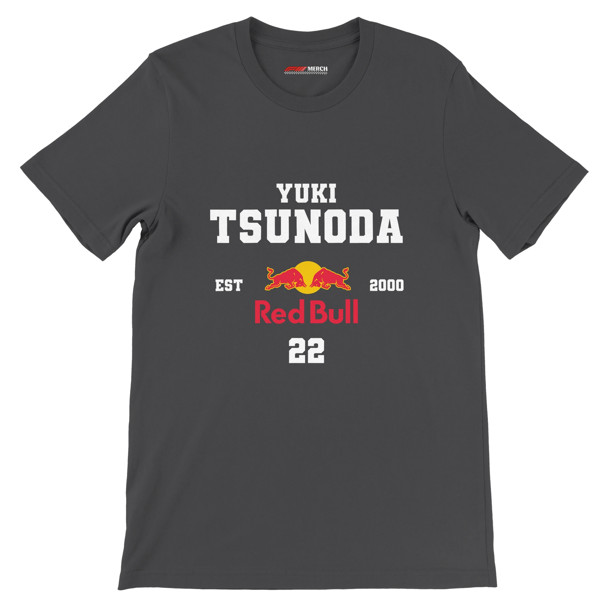 f111 merch dark-grey color t-shirt with yuki-tsunoda branding.