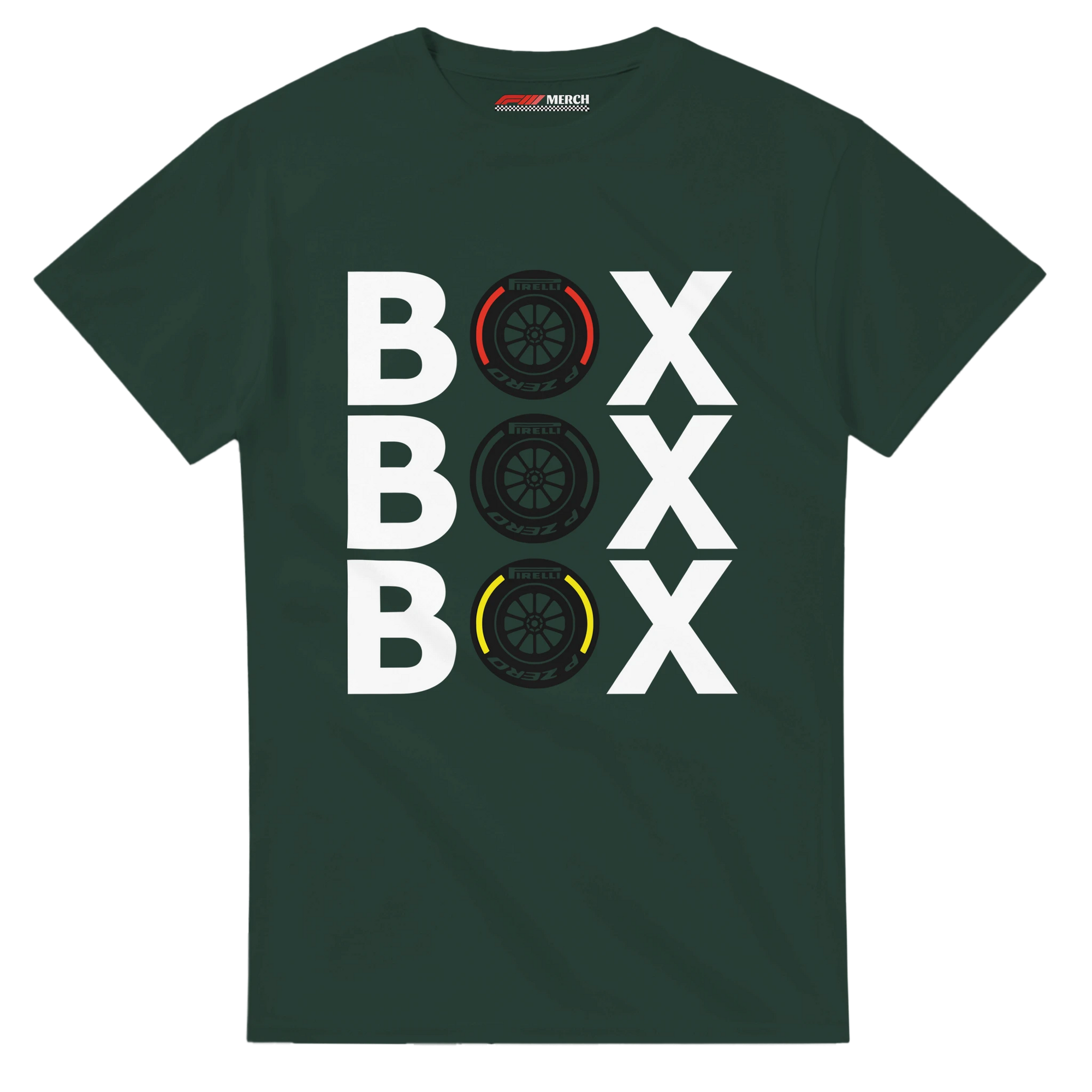 f111 merch forest-green color t-shirt with box-box-box branding.