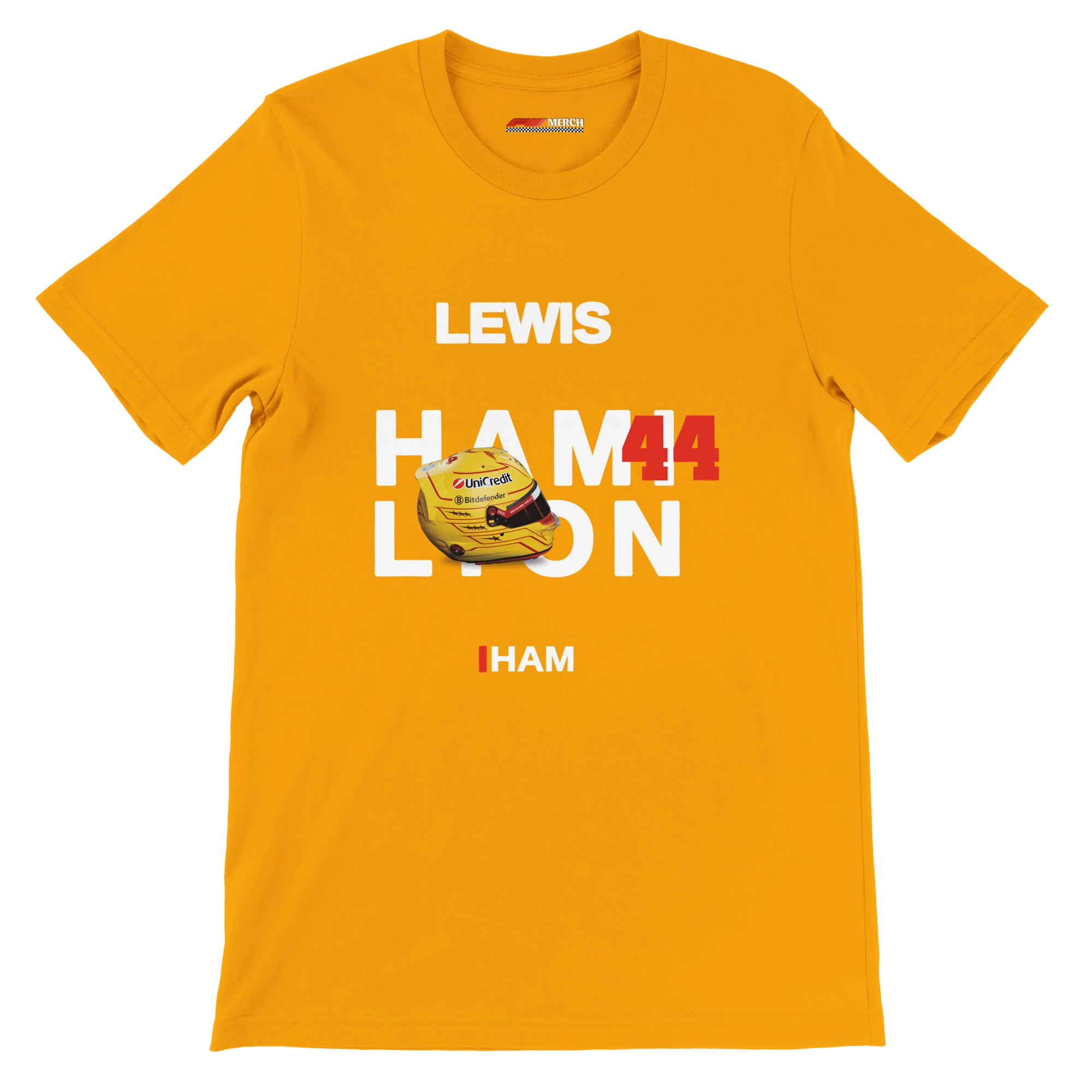 f111 merch gold color t-shirt with hamilton branding.