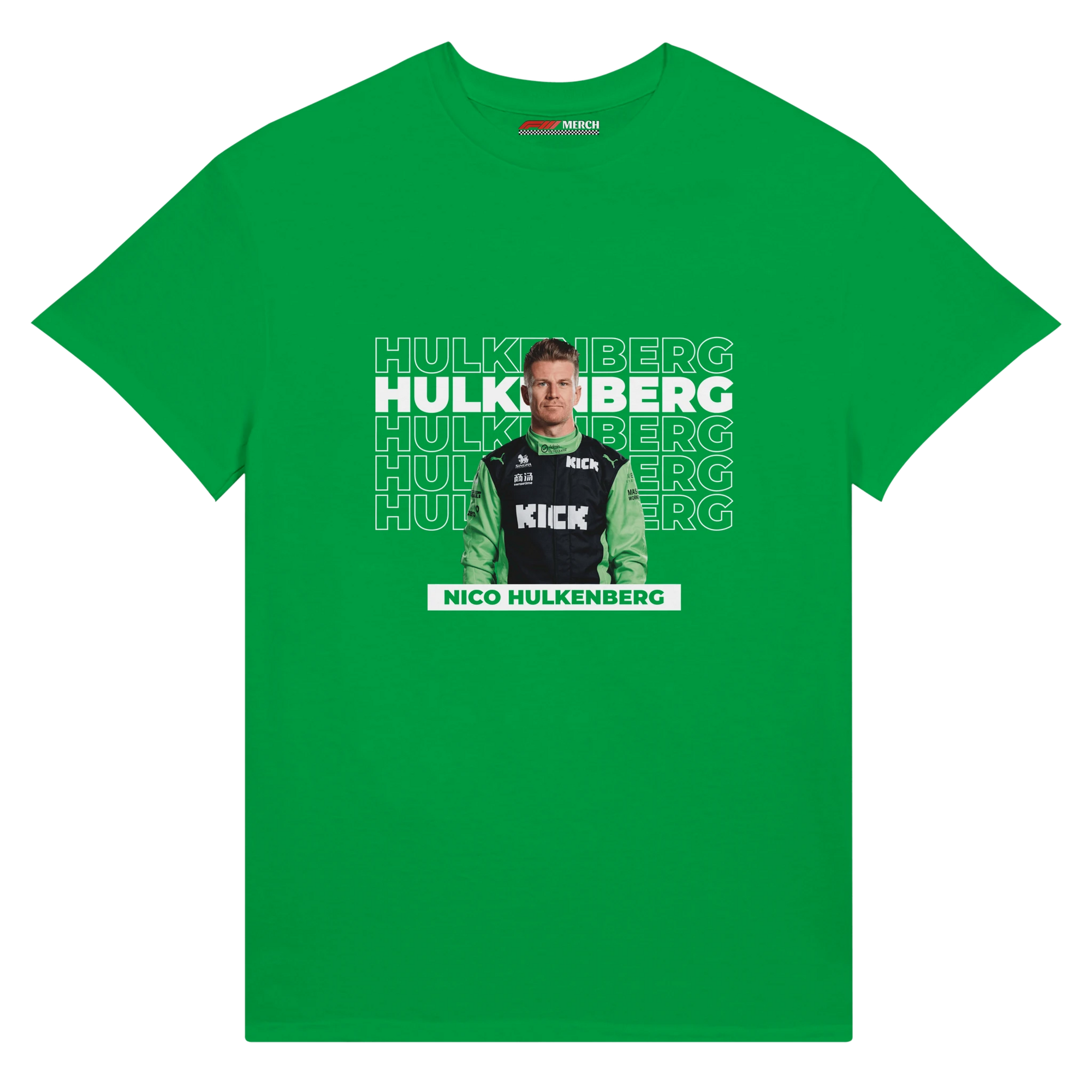 f111 merch irish-green color t-shirt with hulkenberg branding.