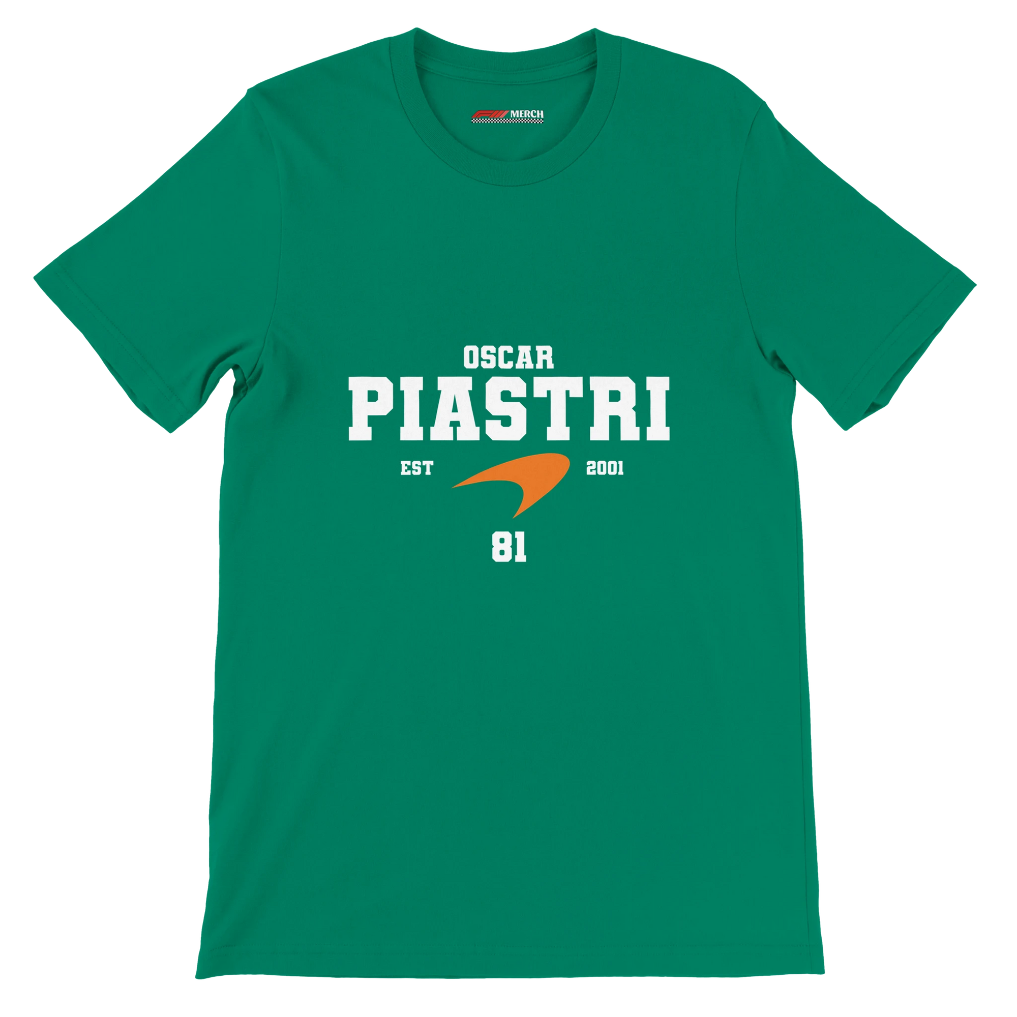 f111 merch irish-green color t-shirt with oscar-piastri branding.