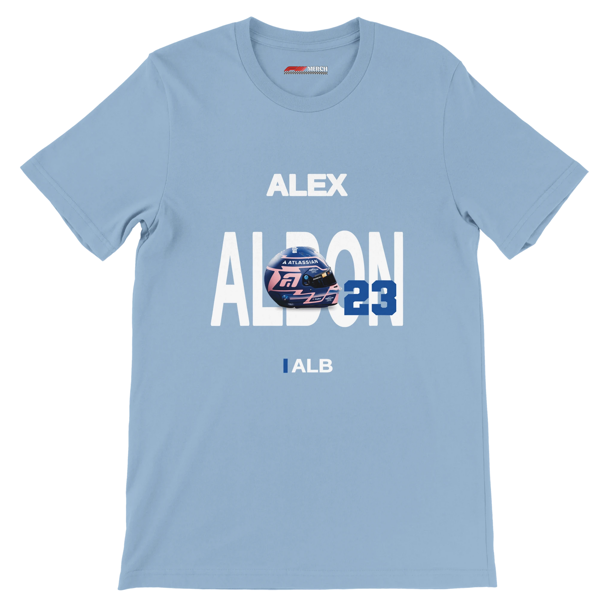 f111 merch light-blue color t-shirt with albon branding.
