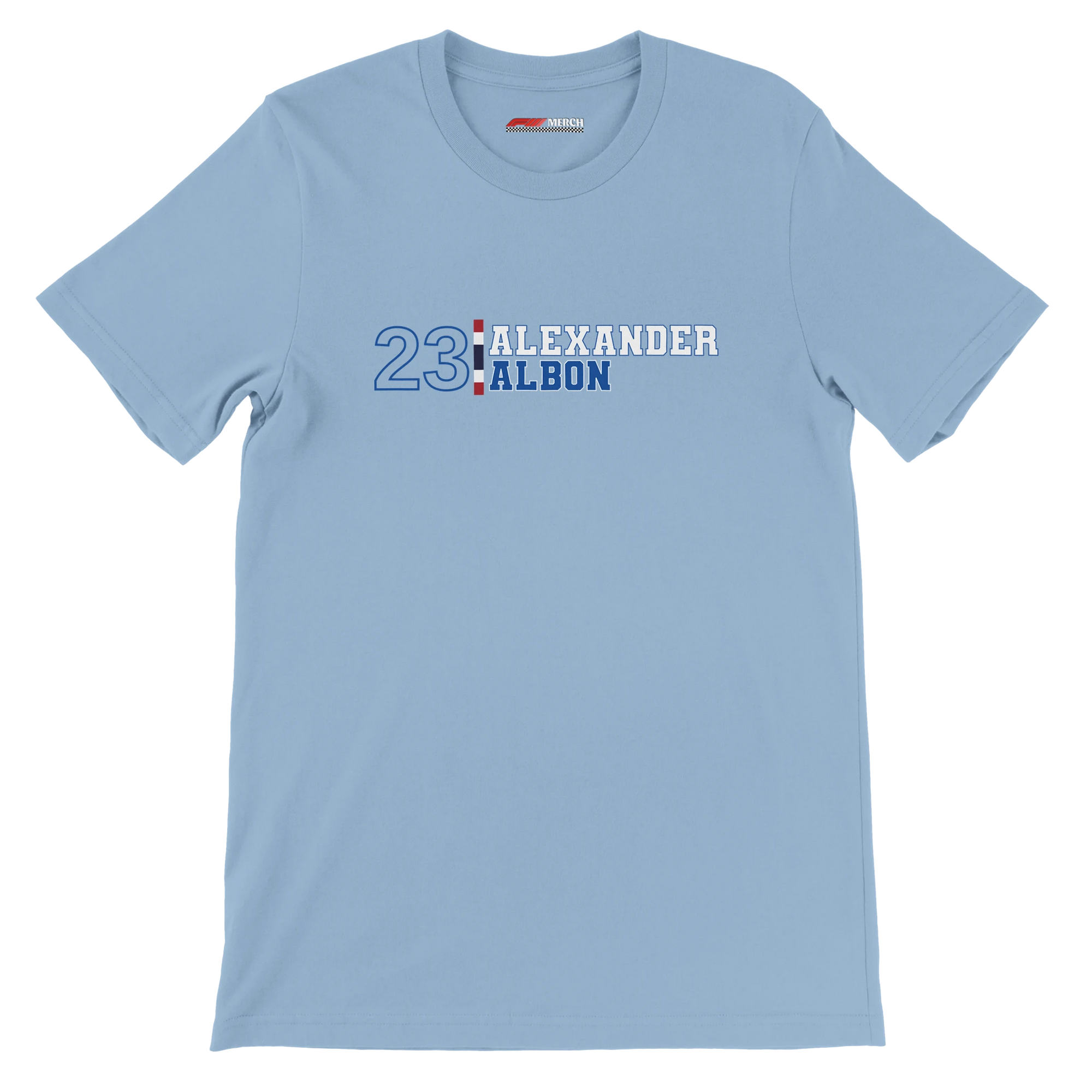 f111 merch light-blue color t-shirt with alex-albon branding.
