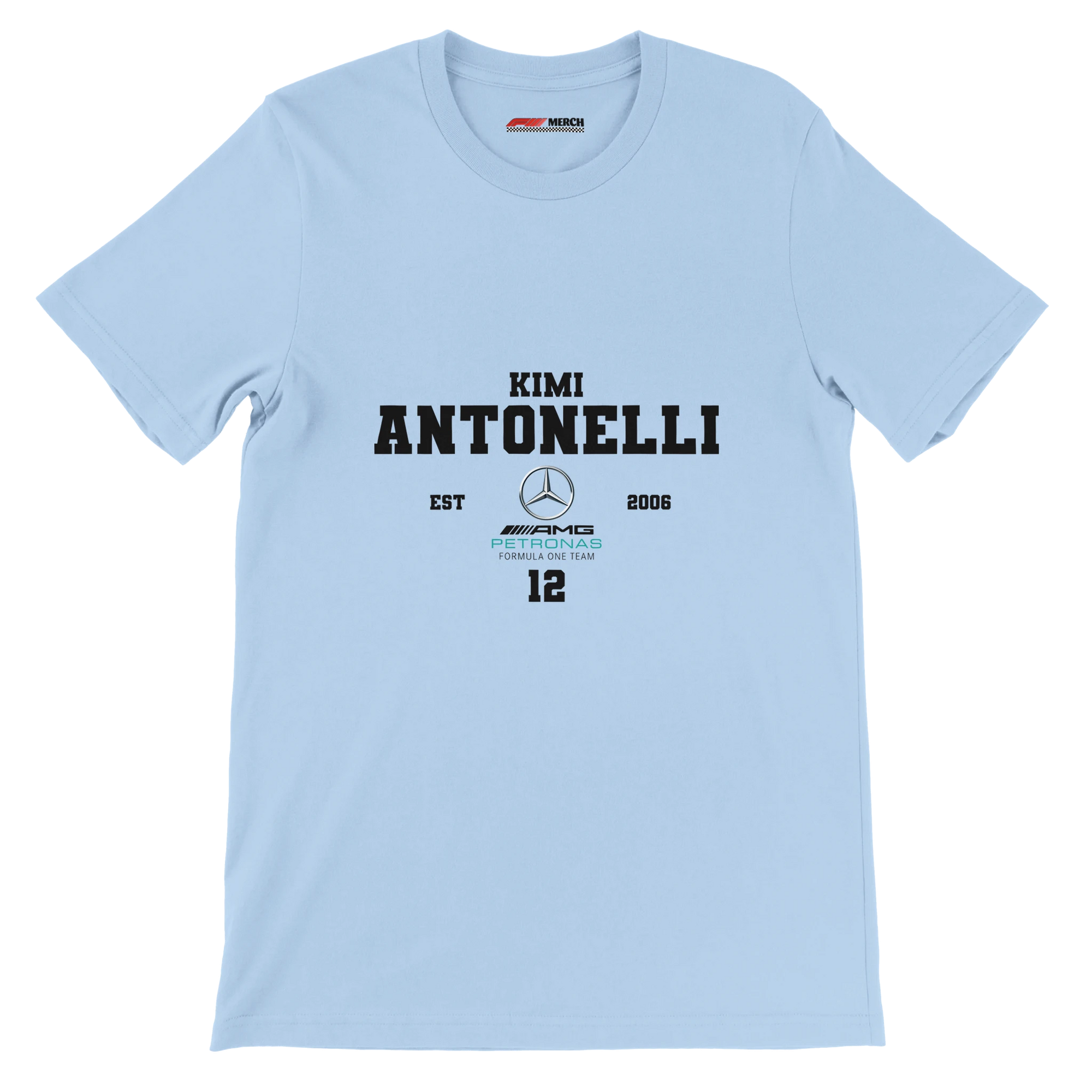 f111 merch light-blue color t-shirt with antonelli branding.