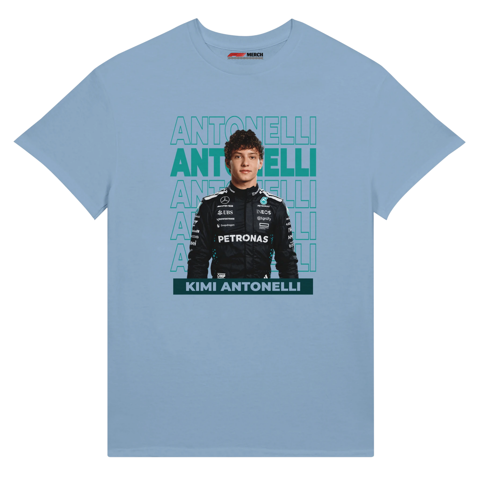 f111 merch light-blue color t-shirt with antonelli branding.