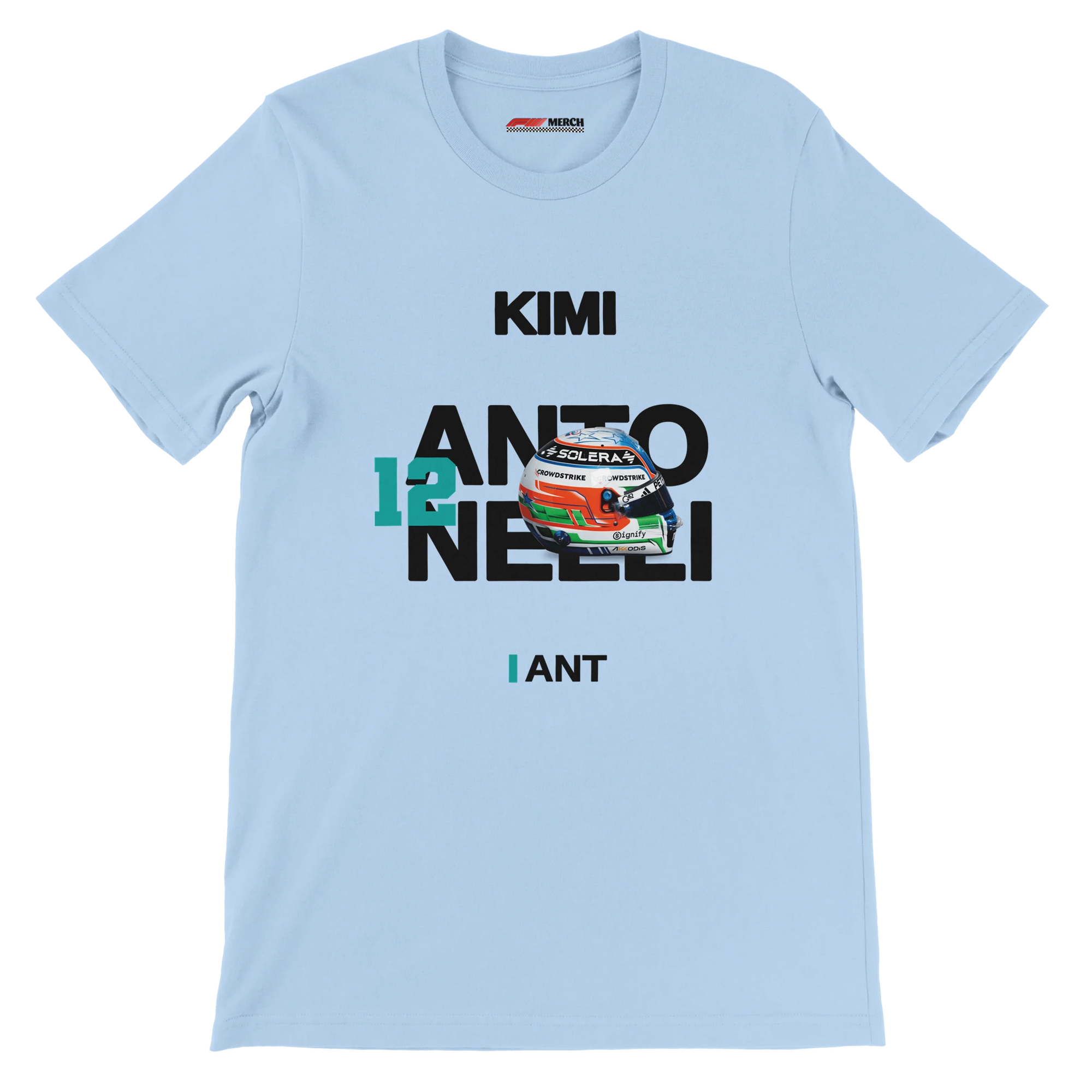 f111 merch light-blue color t-shirt with antonelli branding.
