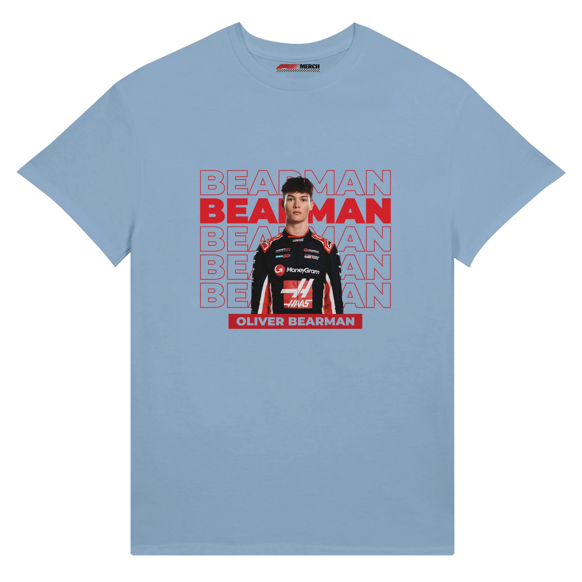 f111 merch light-blue color t-shirt with bearman branding.