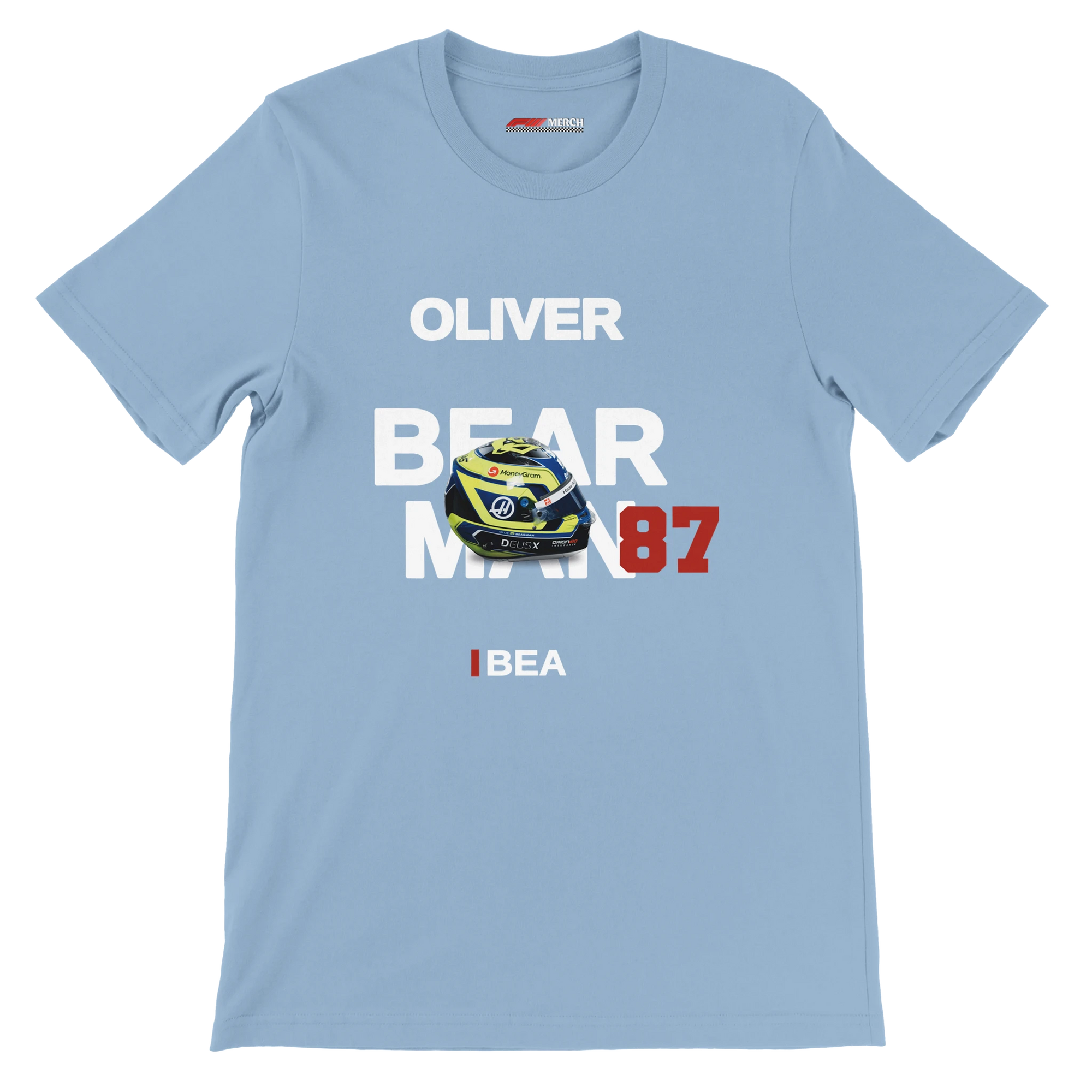 f111 merch light-blue color t-shirt with bearman branding.