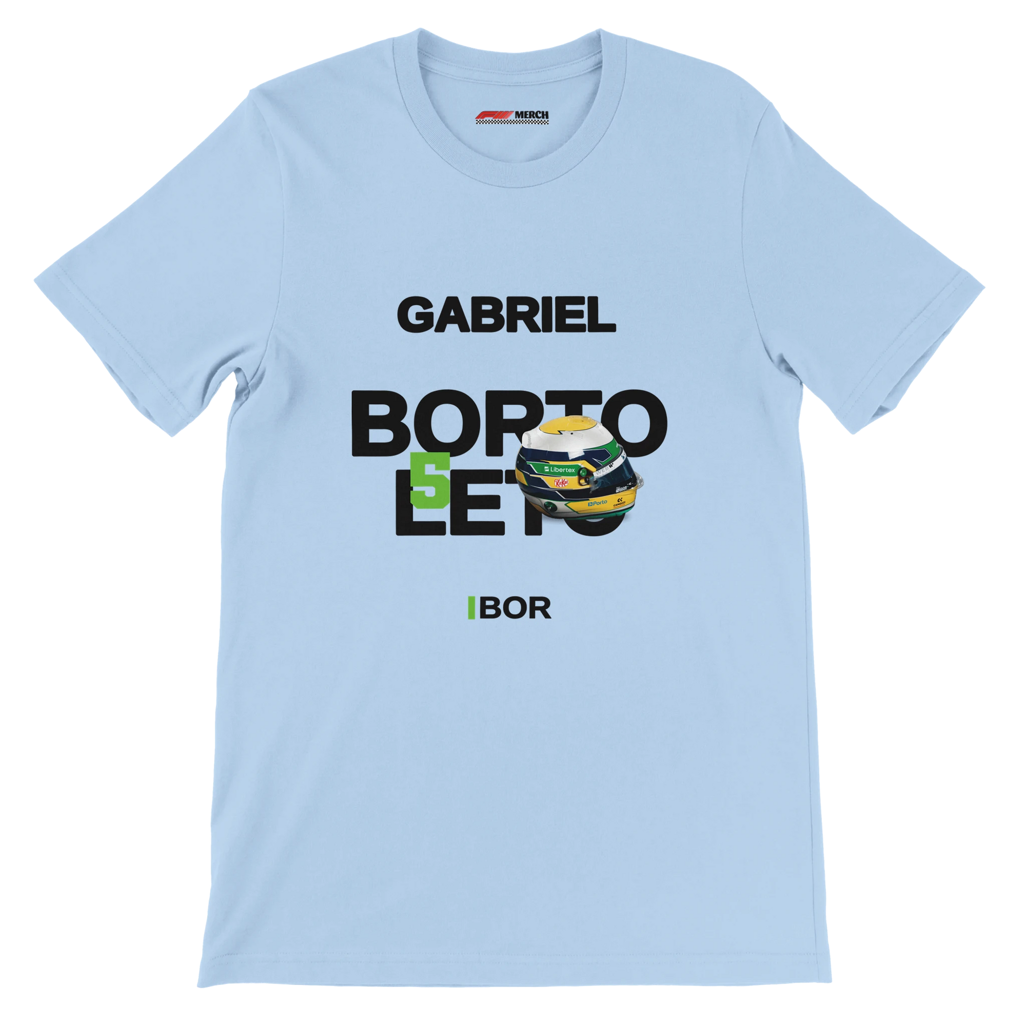 f111 merch light-blue color t-shirt with bortoleto branding.