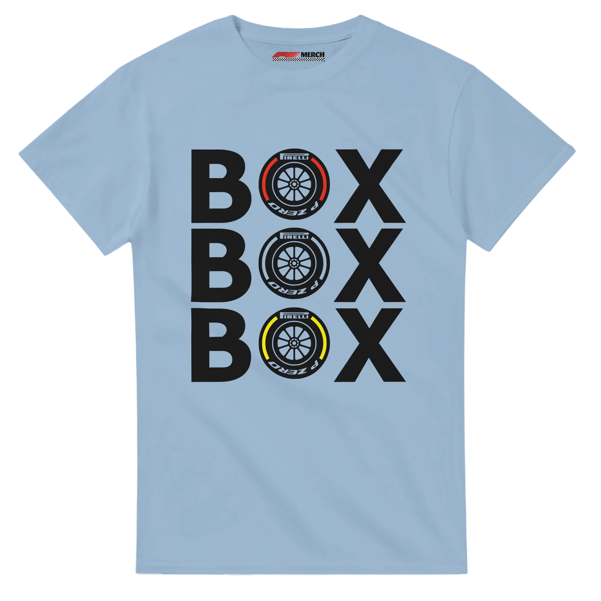 f111 merch light-blue color t-shirt with box-box-box branding.