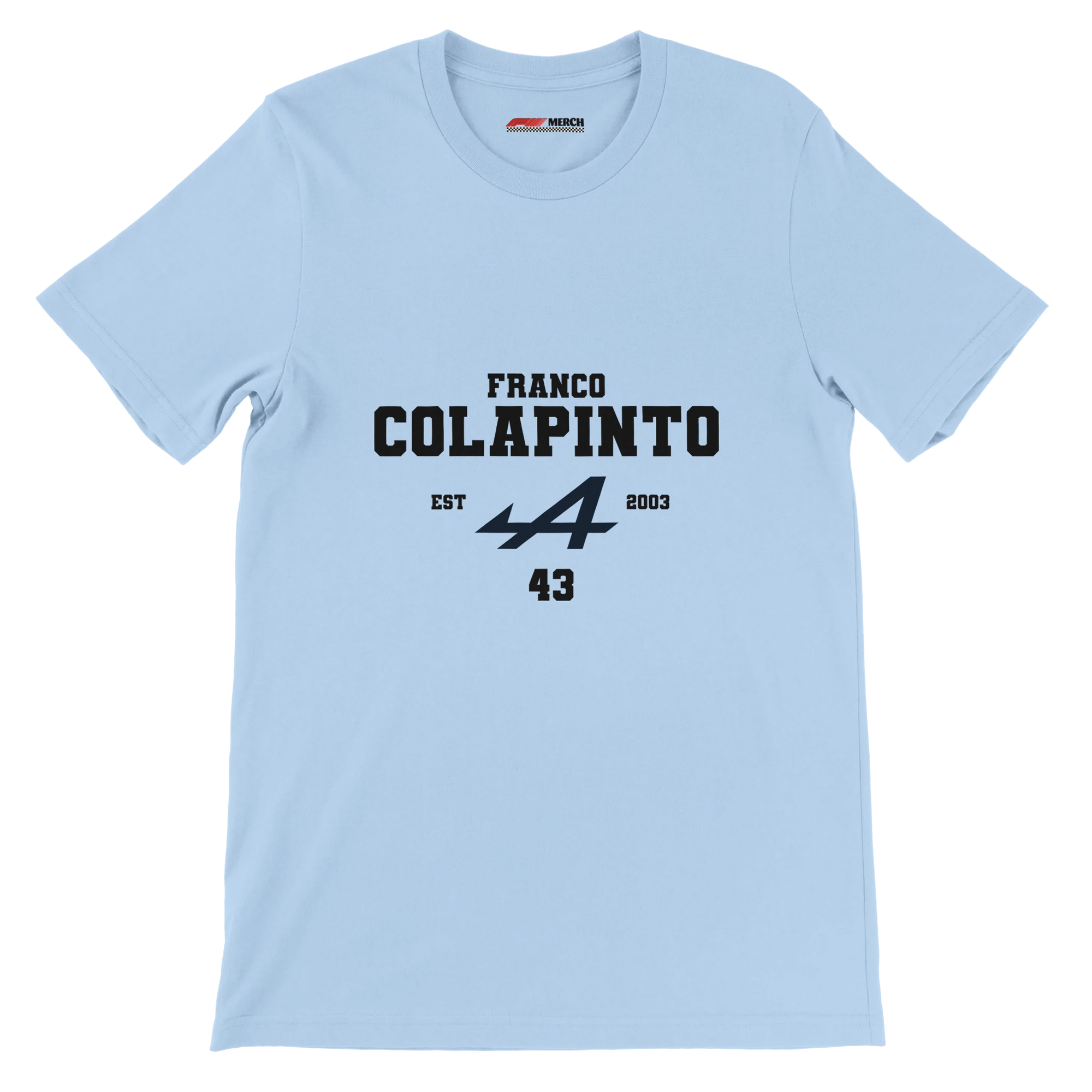 f111 merch light-blue color t-shirt with colapinto branding.