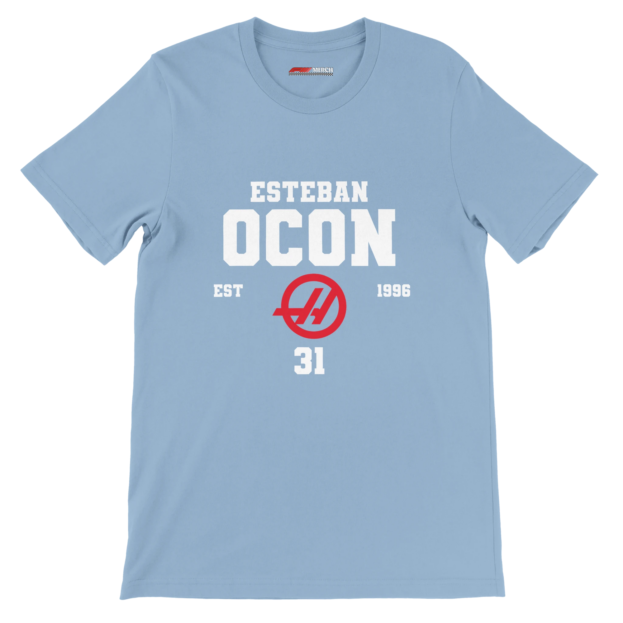 f111 merch light-blue color t-shirt with esteban-ocon branding.