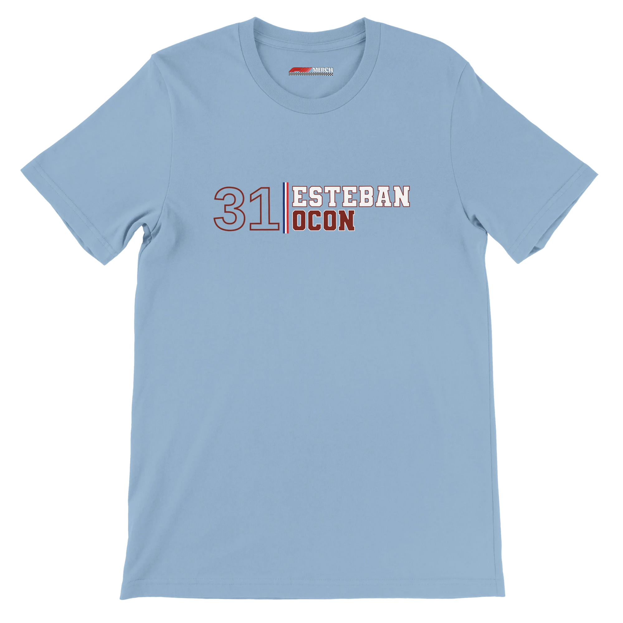 f111 merch light-blue color t-shirt with esteban-ocon branding.
