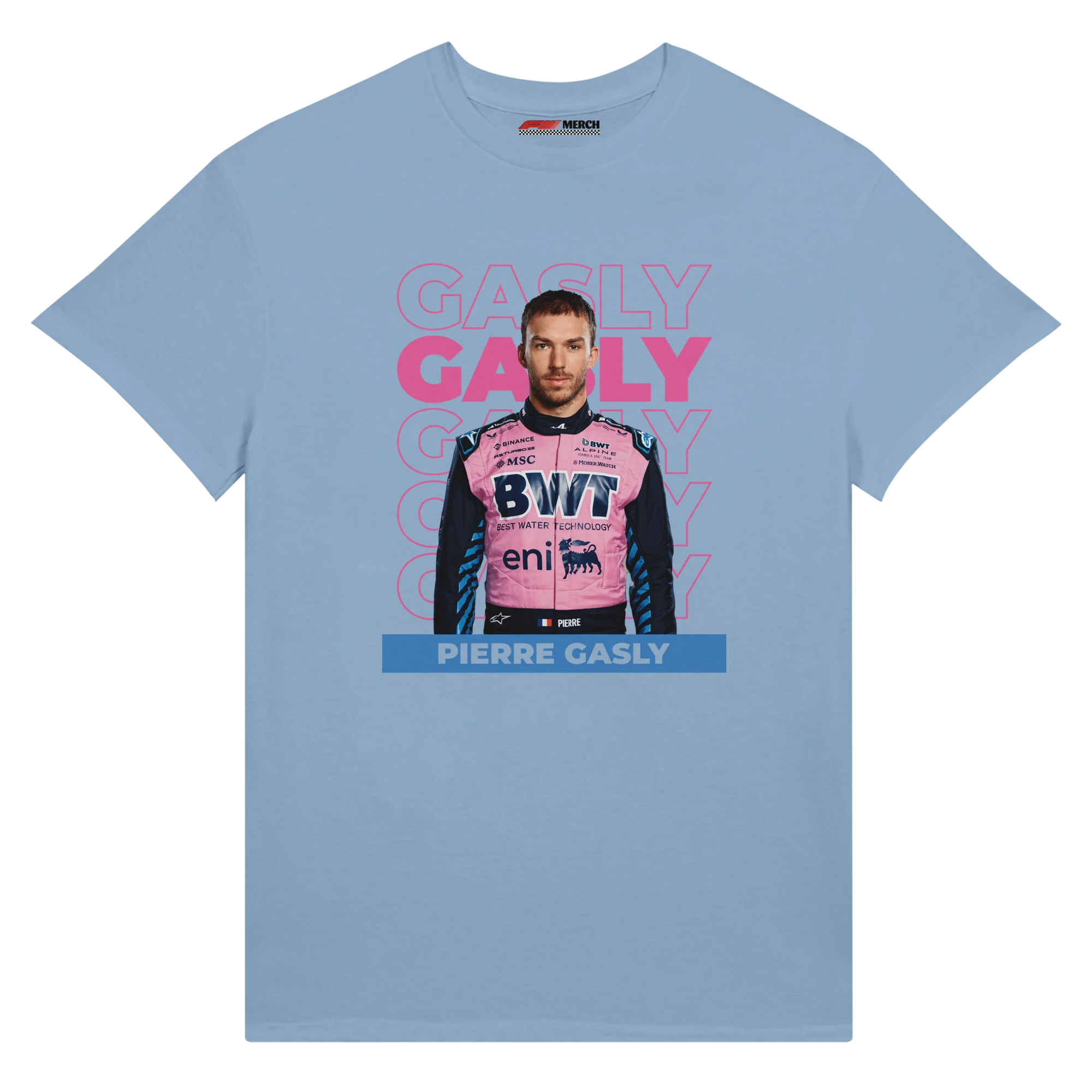f111 merch light-blue color t-shirt with gasly branding.