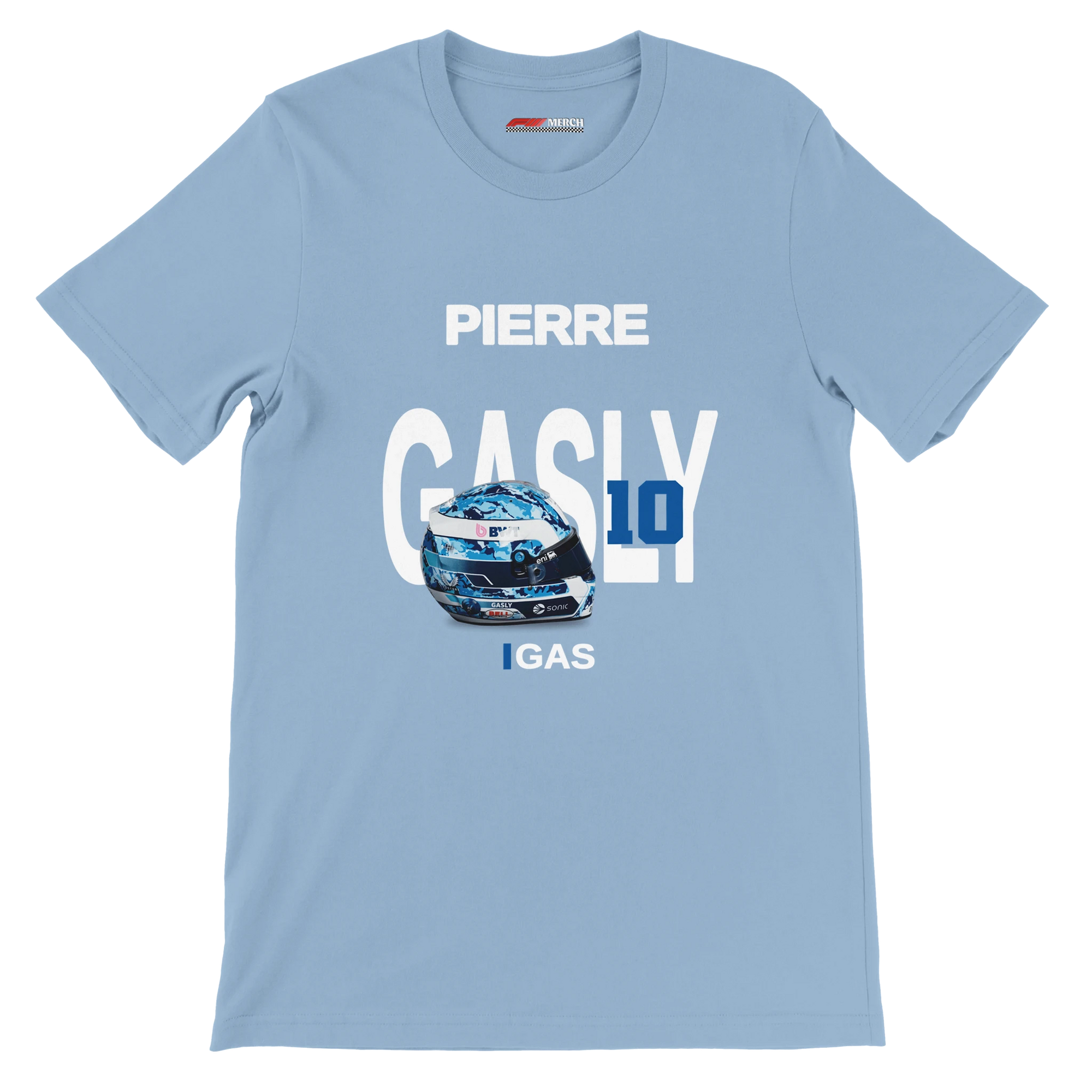f111 merch light-blue color t-shirt with gasly branding.