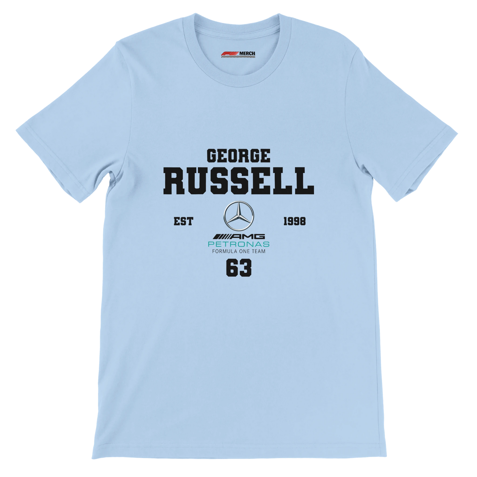 f111 merch light-blue color t-shirt with george-russell branding.