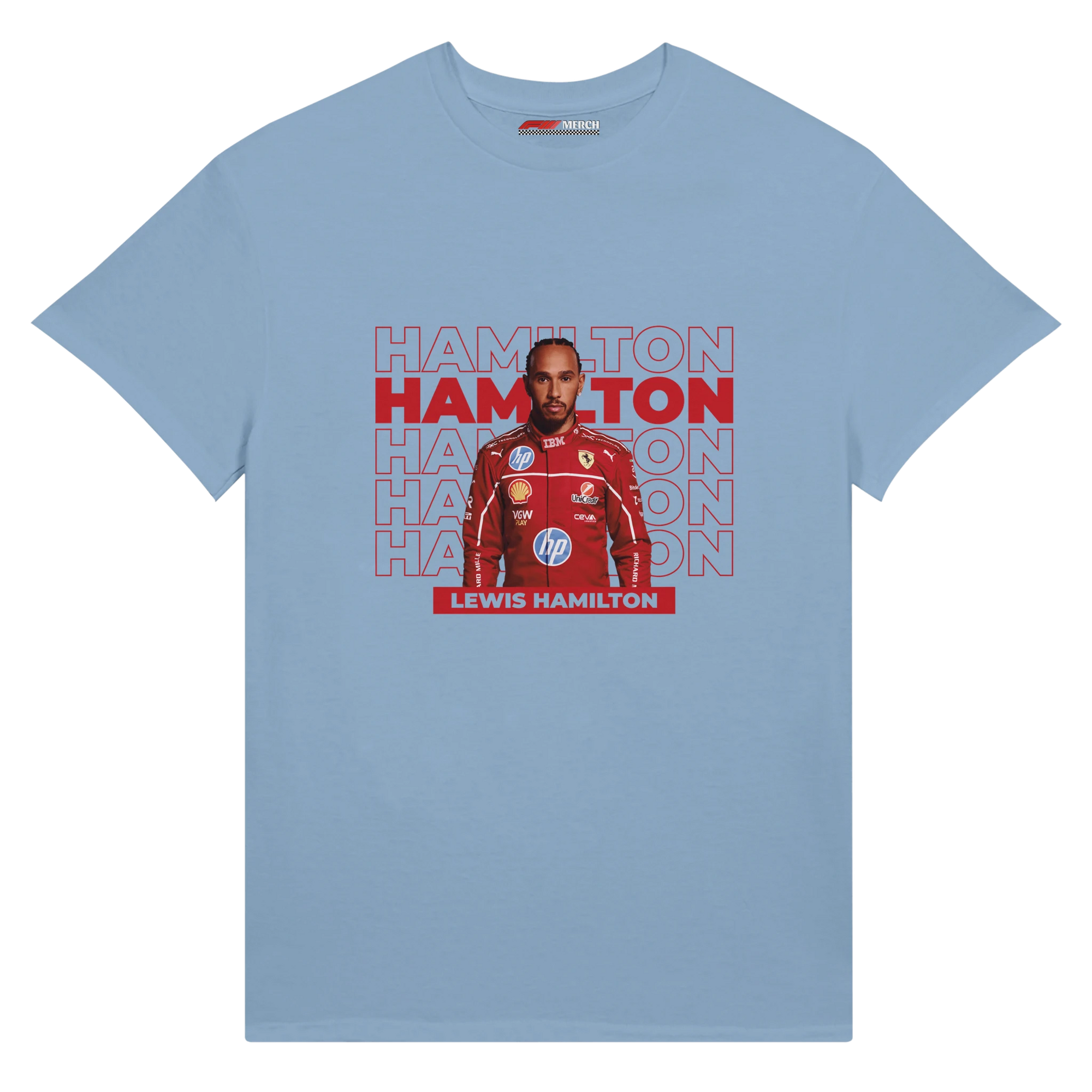 f111 merch light-blue color t-shirt with hamilton branding.