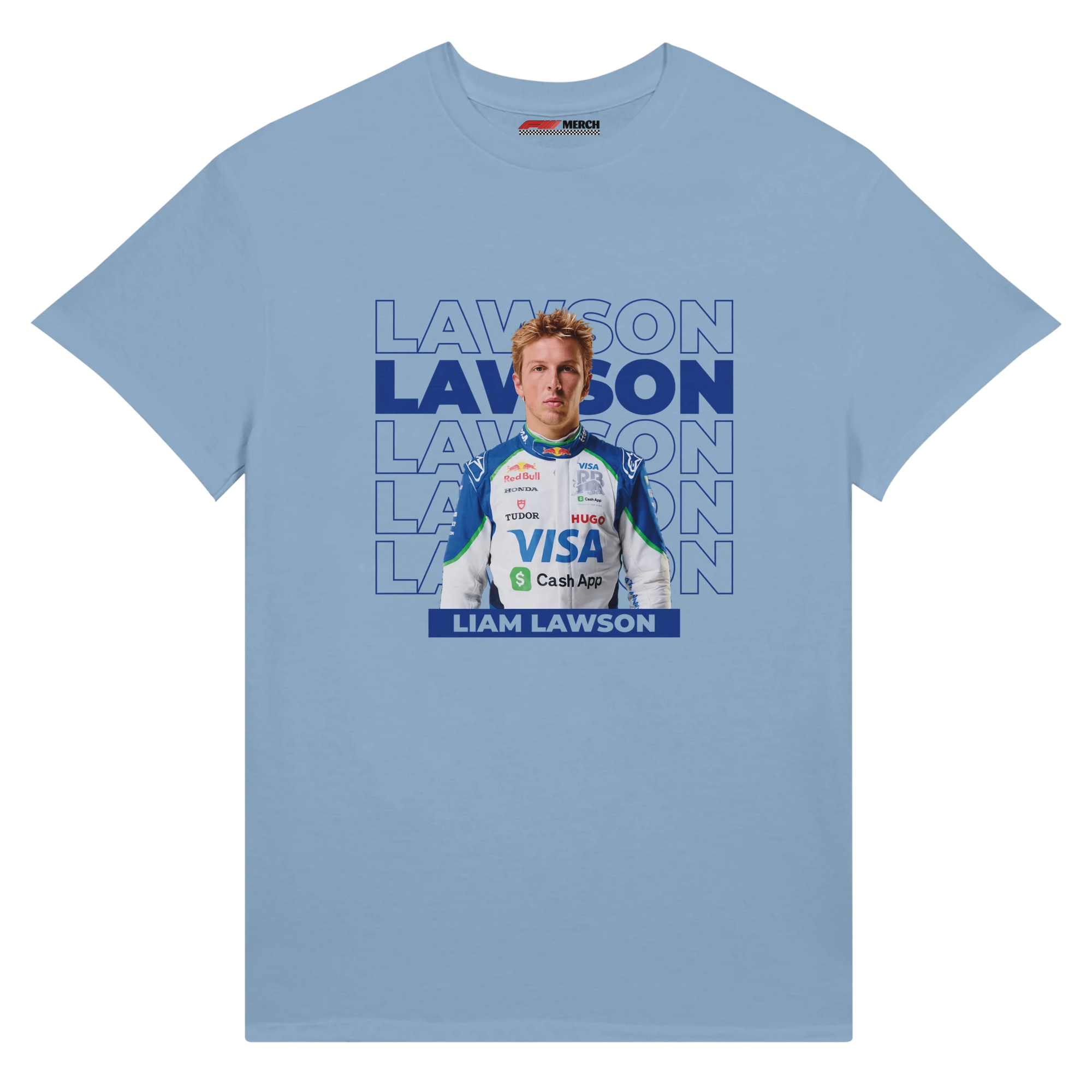 f111 merch light-blue color t-shirt with lawson branding.