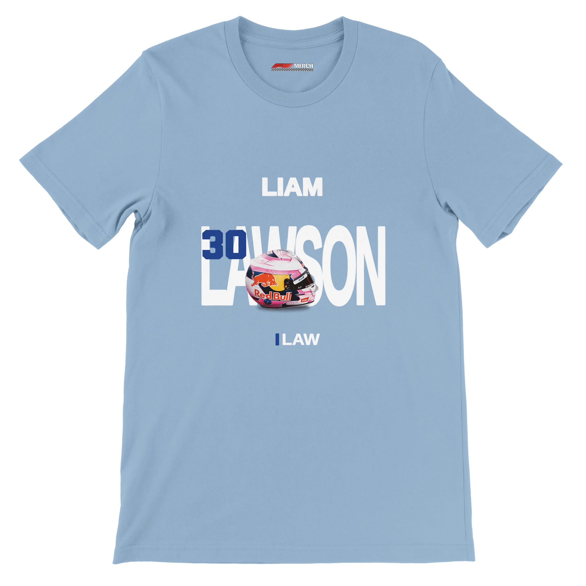f111 merch light-blue color t-shirt with lawson branding.