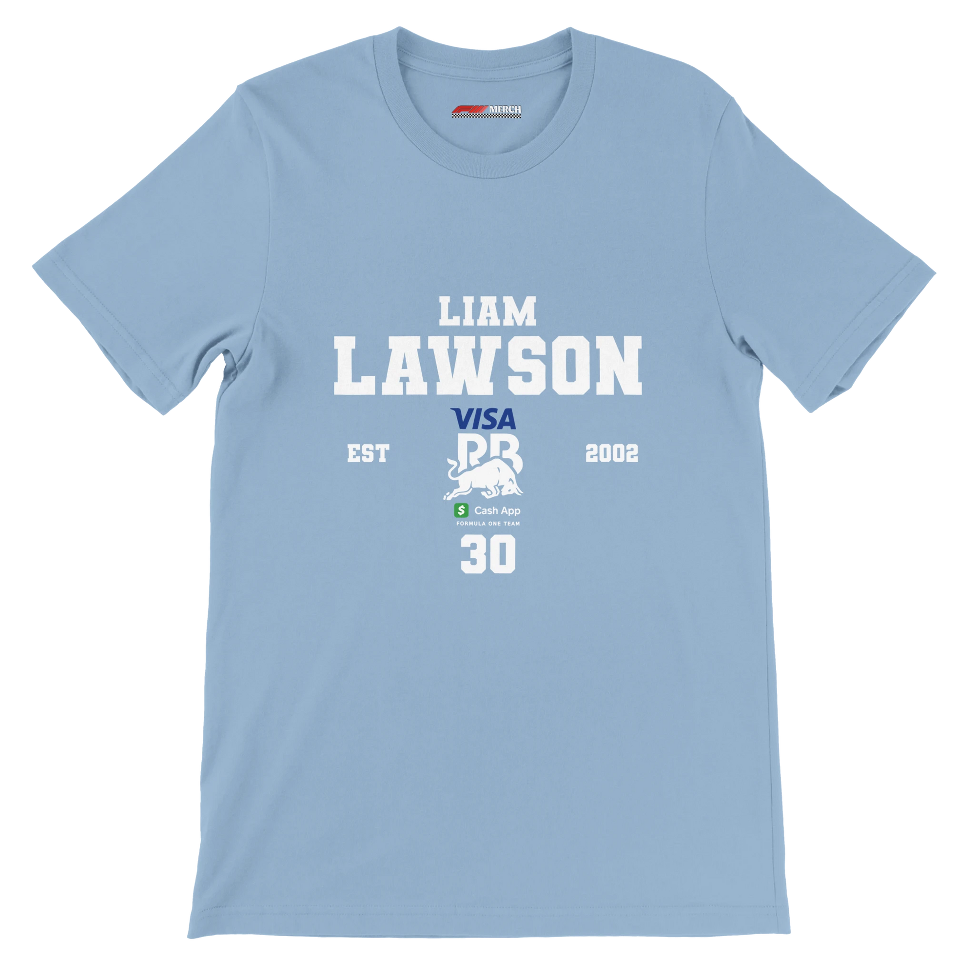 f111 merch light-blue color t-shirt with liam-lawson branding.