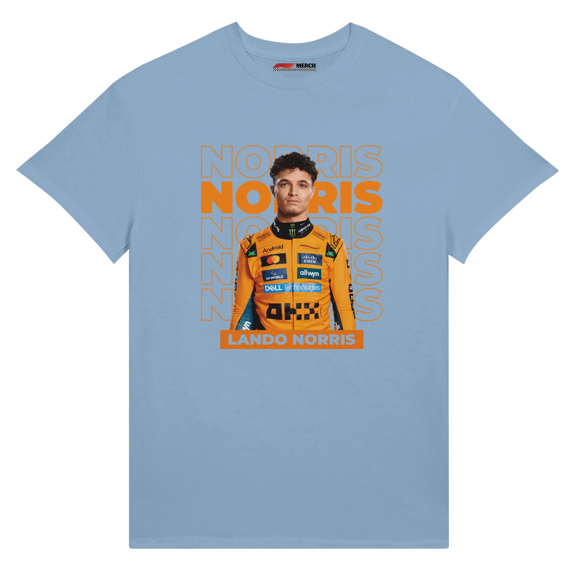 f111 merch light-blue color t-shirt with norris branding.