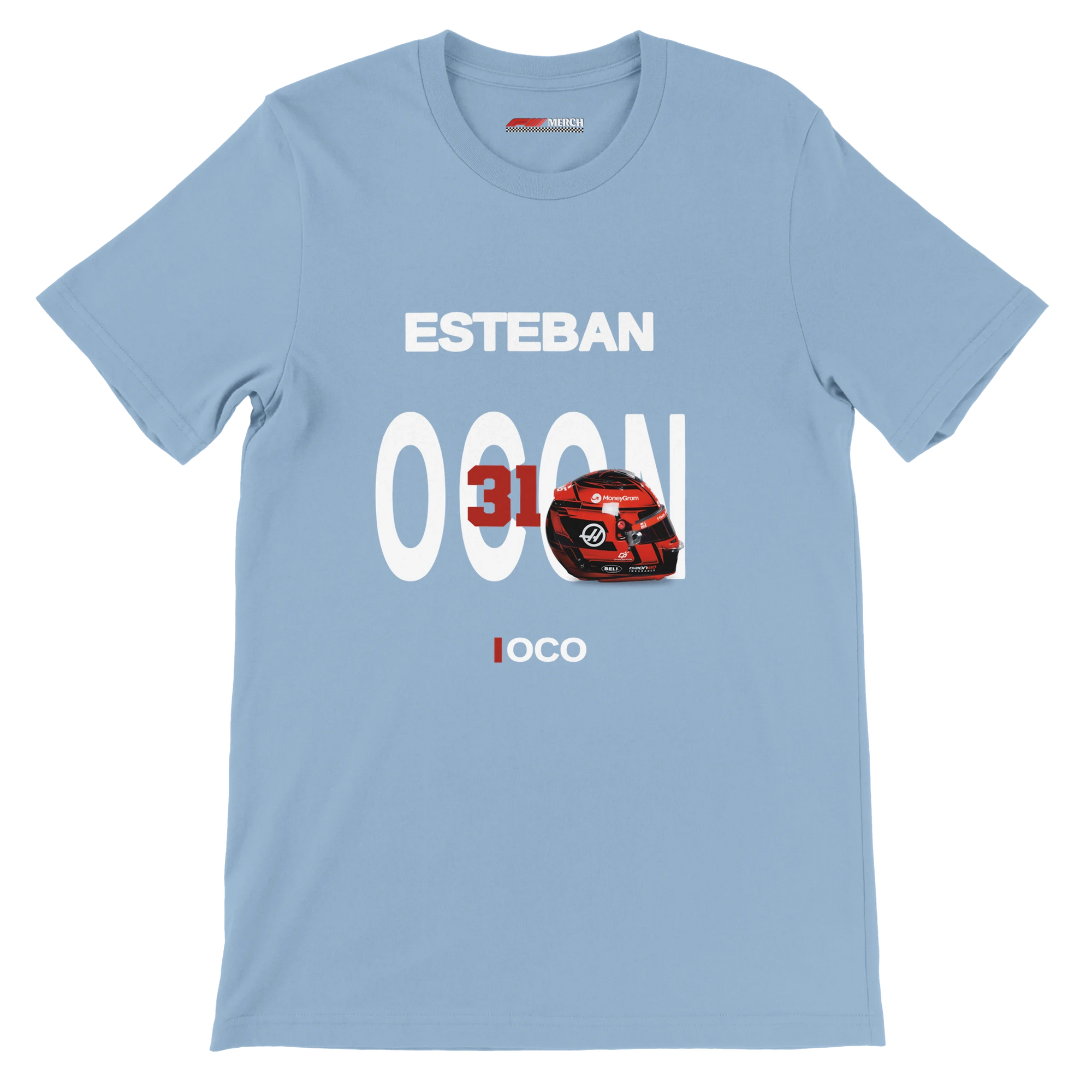 f111 merch light-blue color t-shirt with ocon branding.