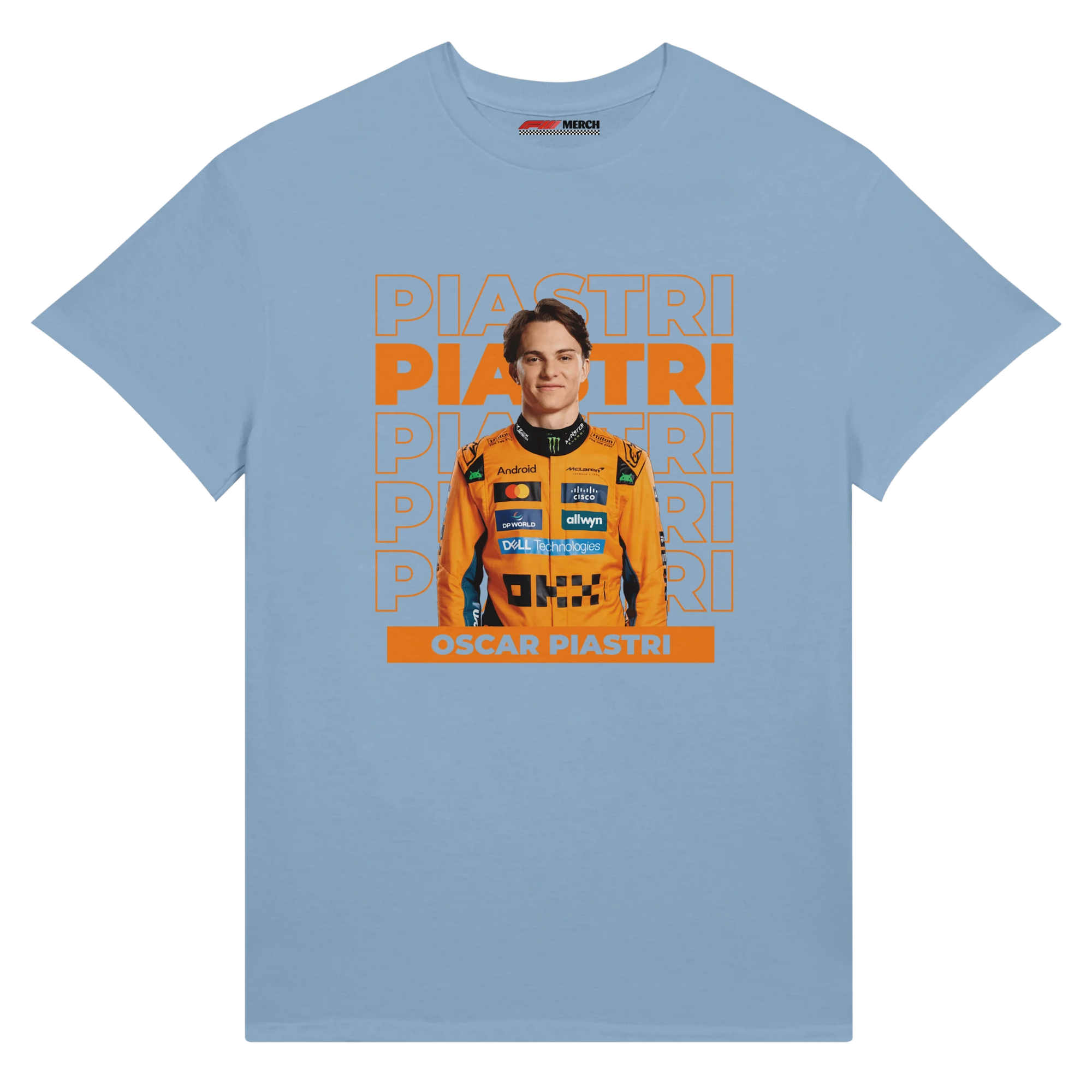 f111 merch light-blue color t-shirt with piastri branding.