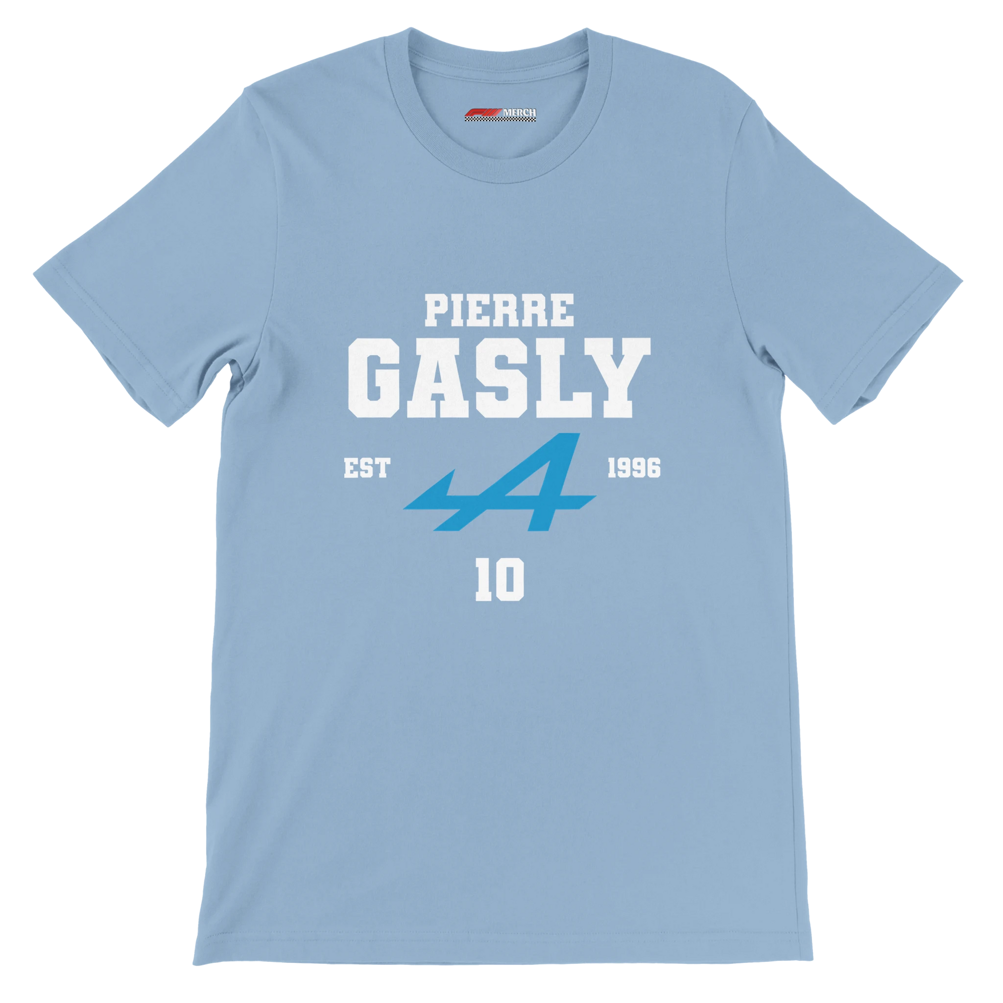 f111 merch light-blue color t-shirt with pierre-gasly branding.