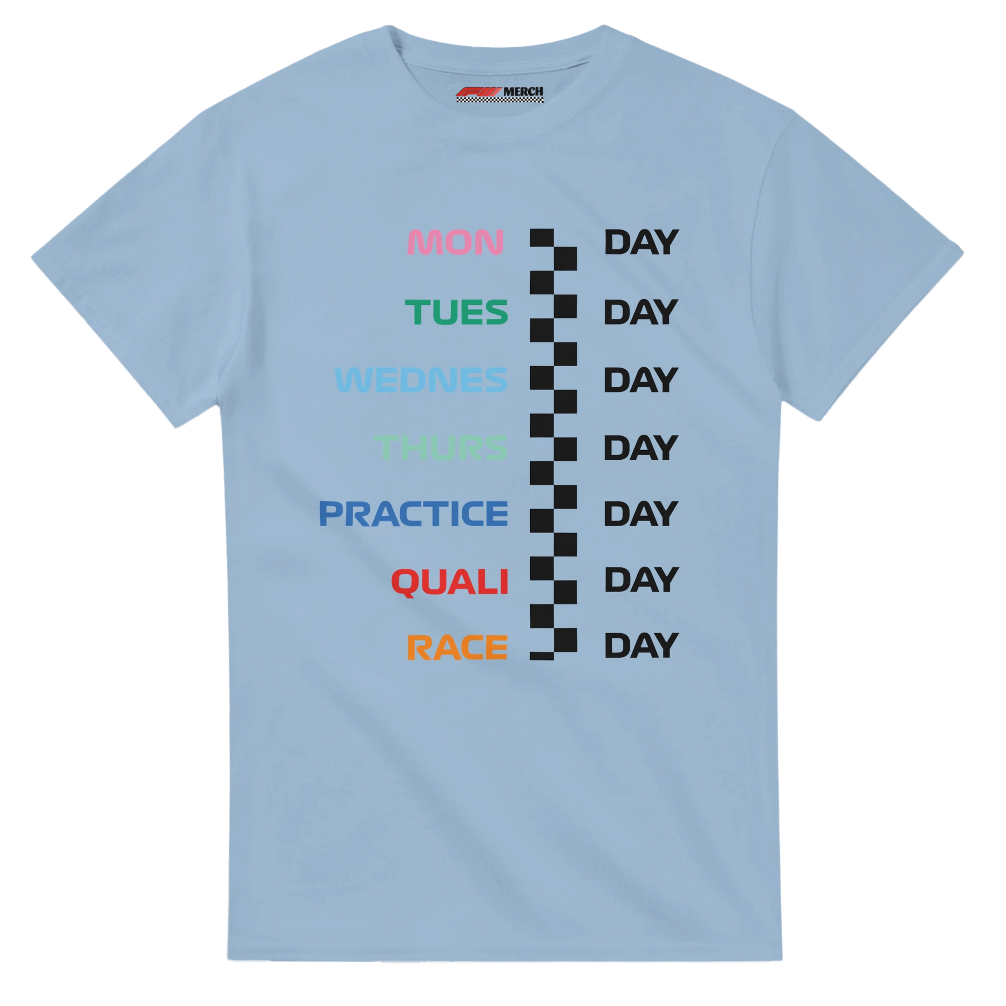 f111 merch light-blue color t-shirt with race_week branding.