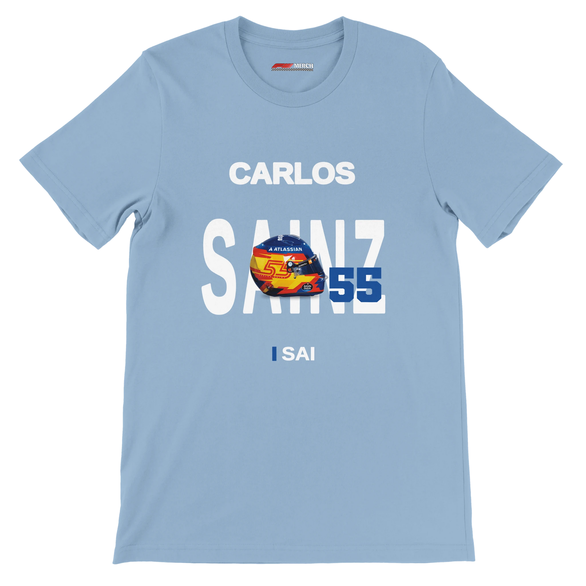 f111 merch light-blue color t-shirt with sainz branding.