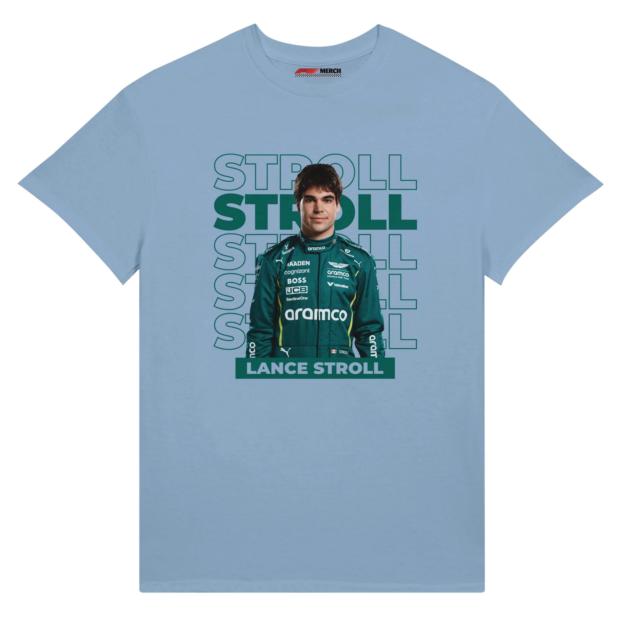 f111 merch light-blue color t-shirt with stroll branding.